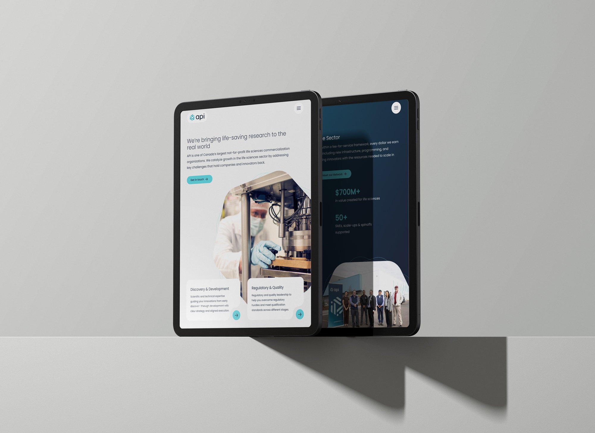 Two tablet screens showing the home page of Applied Pharmaceutical Innovation's website, and a featured section of statistics about the organization.