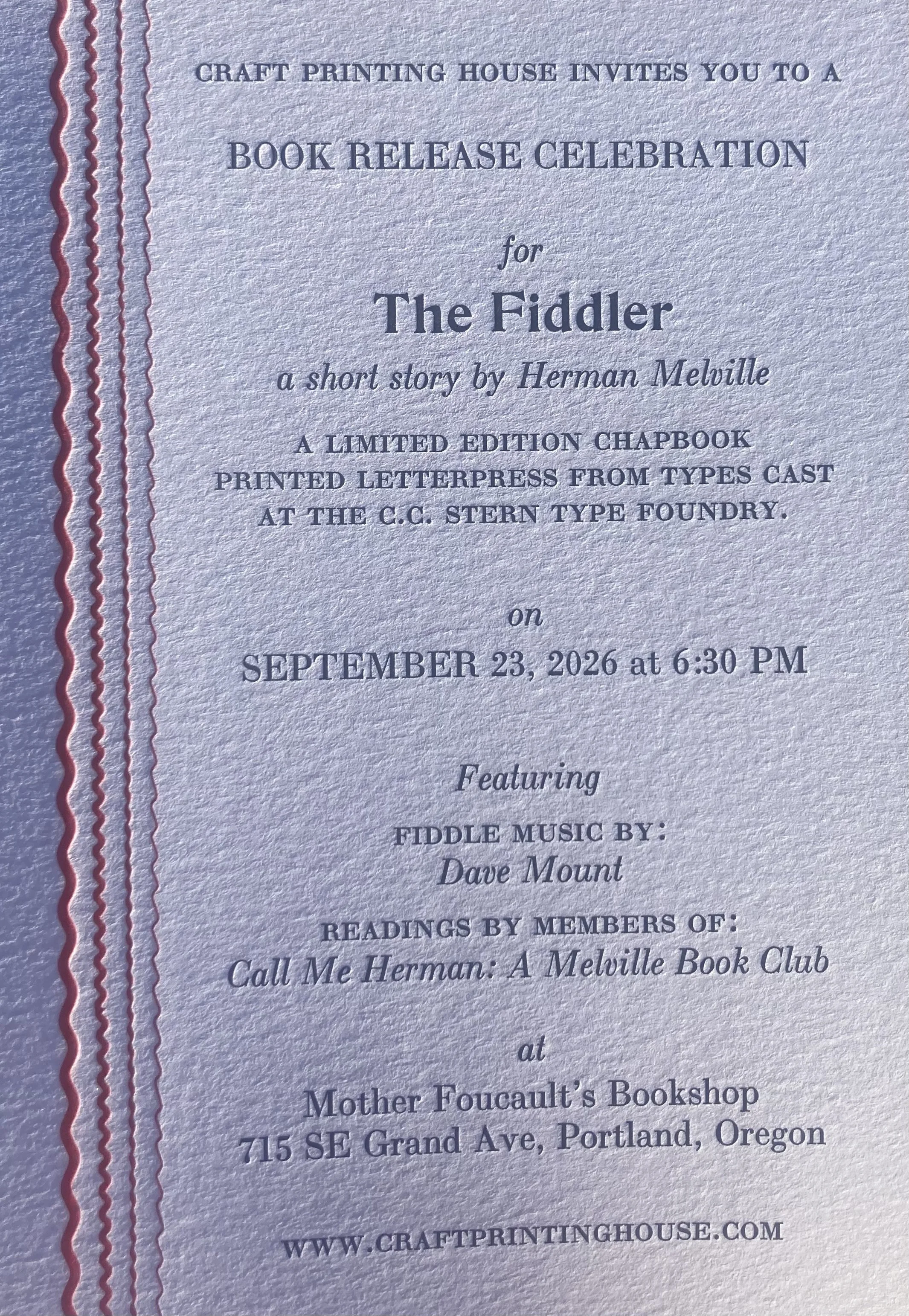 BOOK LAUNCH - Craft Printing House presents: The Fiddler a short story by Herman Melville