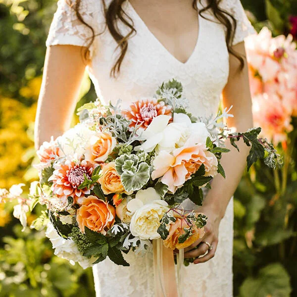Bride with a wedding bouquet at Twin Willow Gardens, Snohomish wedding venue