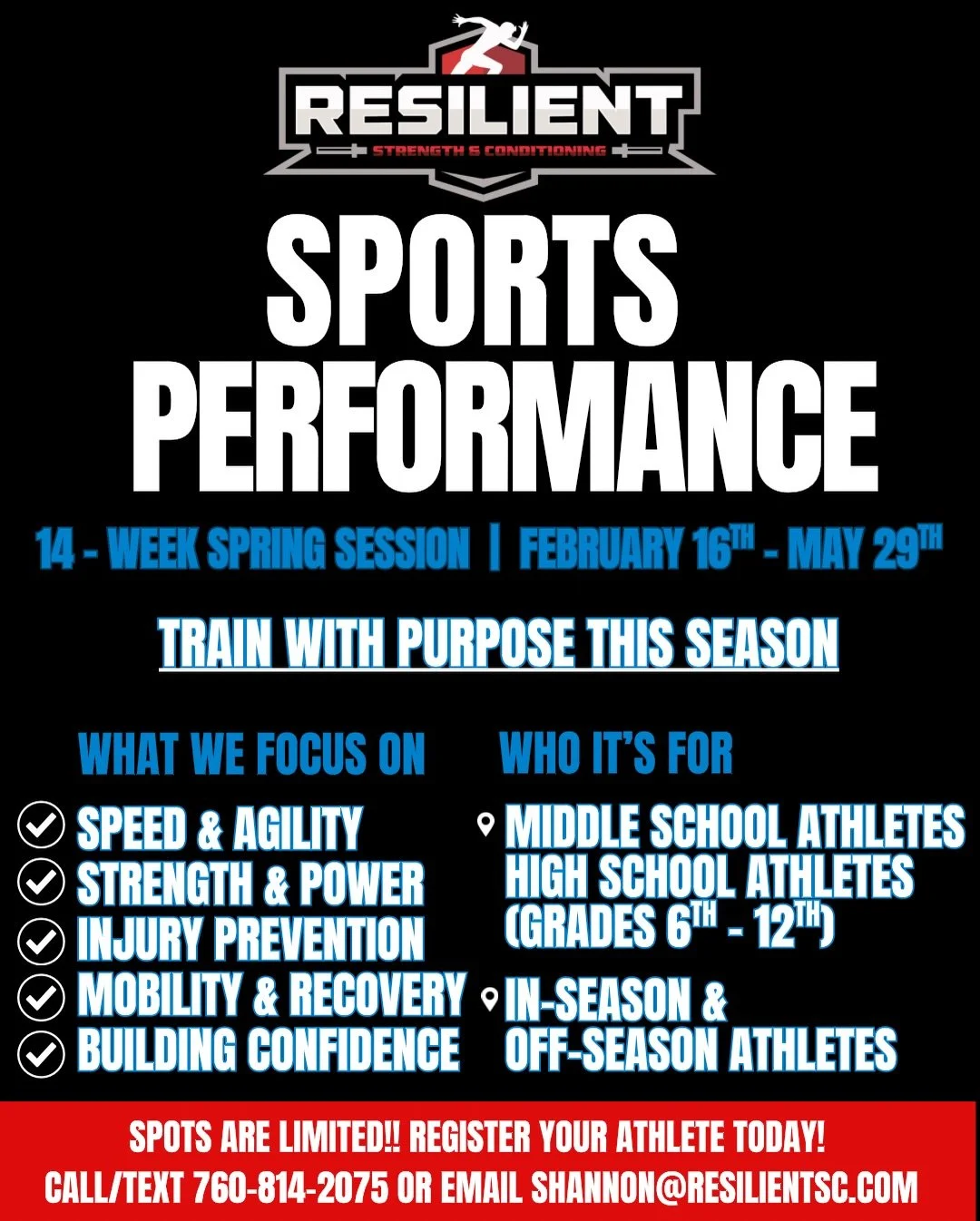 🗣️Register today‼️

🍃🌼Spring Sports Performance Session🍃🌼

Details: 14 Week Program 💥⁣⁣
February 16th - May 29th 🗓️⁣⁣
Training Options: 3x or 2x/week 🦾⁣⁣
⁣⁣
🐣🏷️EARLY BIRD DISCOUNT ENDS JANUARY 30th
CURRENT &amp; PAST ATHLETES $100 off full 