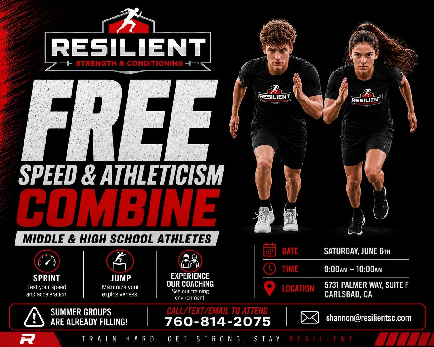 ⚡ FREE SPEED &amp; ATHLETICISM COMBINE ⚡

Want to see what training at Resilient is all about before our summer program begins?

Join us for a FREE Speed &amp; Athleticism Combine for middle &amp; high school athletes.

Athletes will: ✅ Sprint ✅ Jump