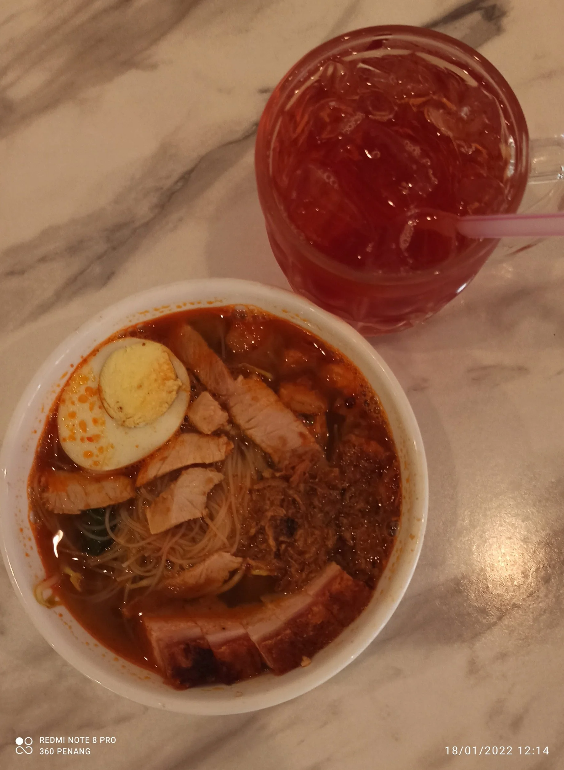 Hokkein Mee -small. Extra roast pork. Nutmeg drink. RM13