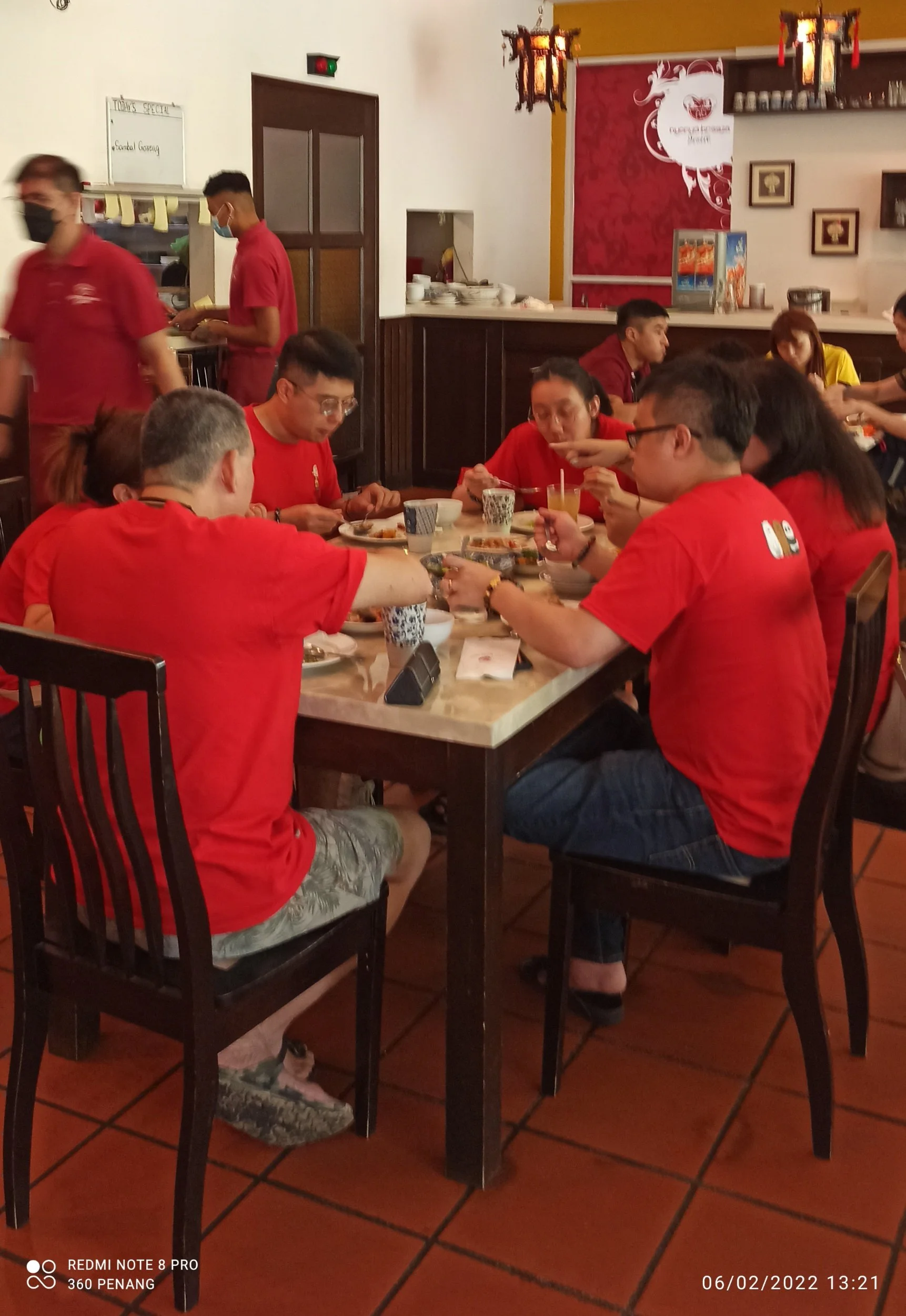 Diners in festive red