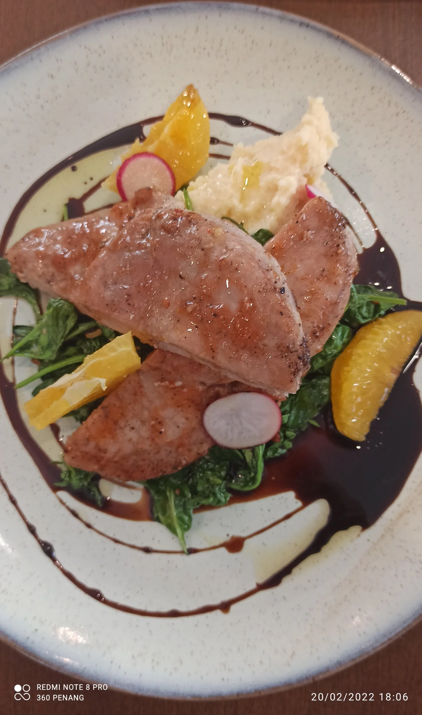 Pork loin in balsamic reduction, mash, spinach in garlic RM30