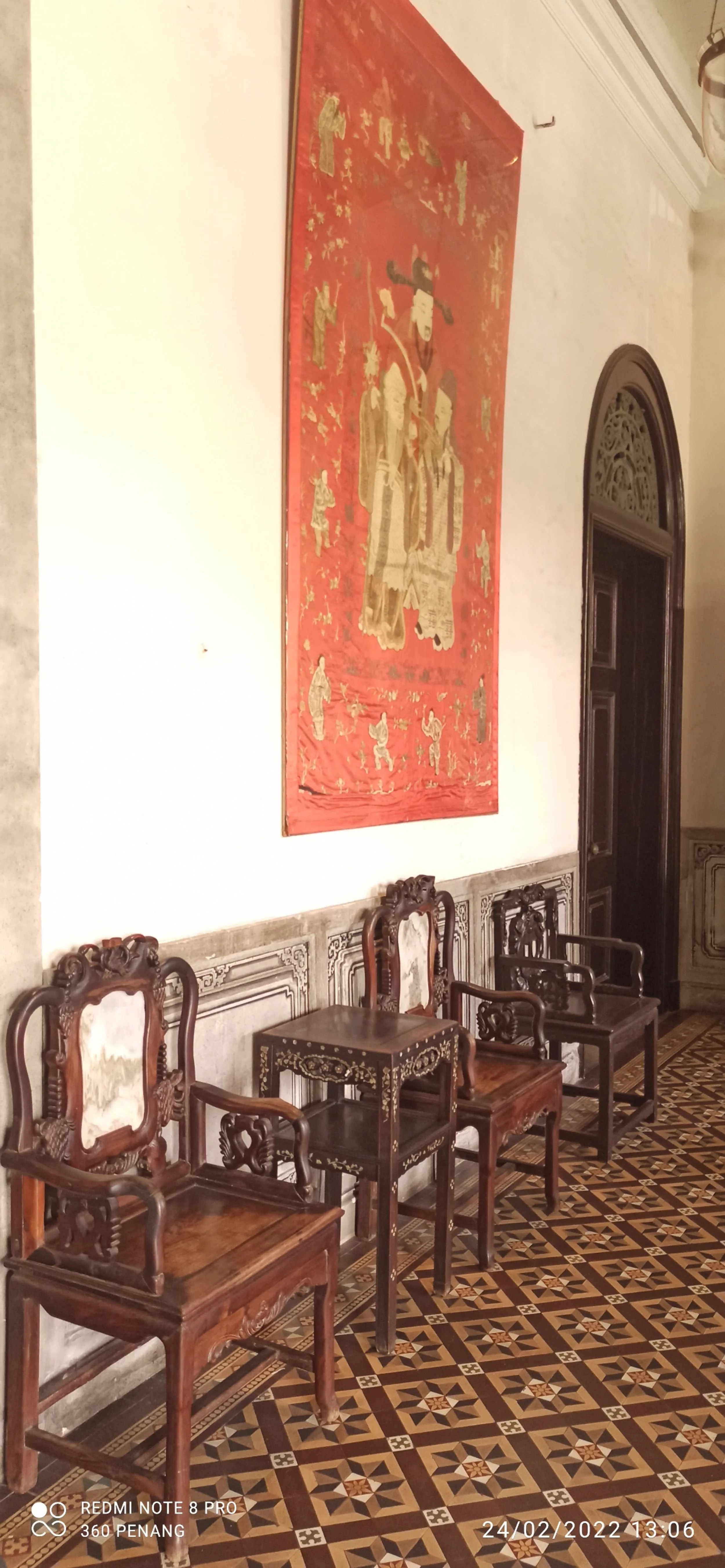 Embroidery and antique hall chairs with inlaid marble panels