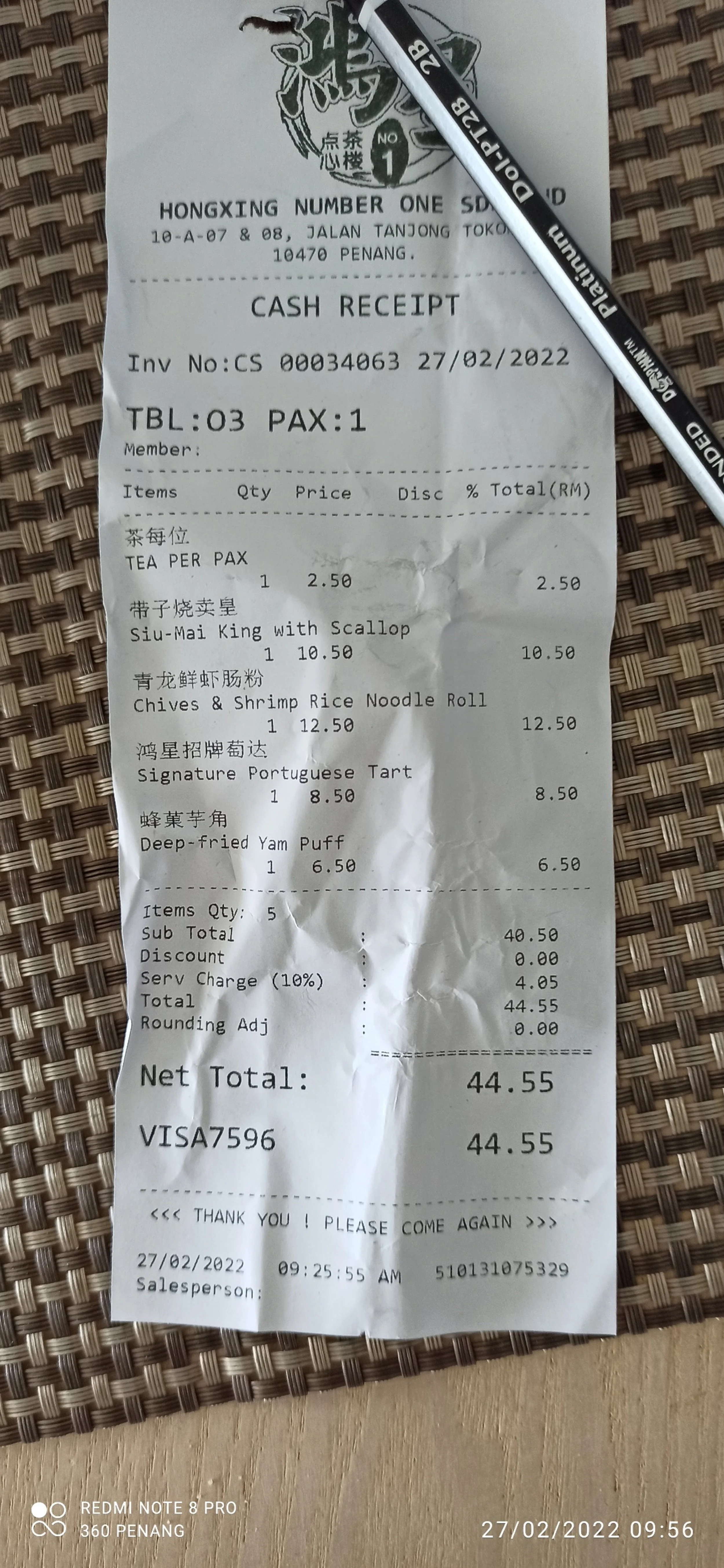 My bill for 4 dim sum and tea