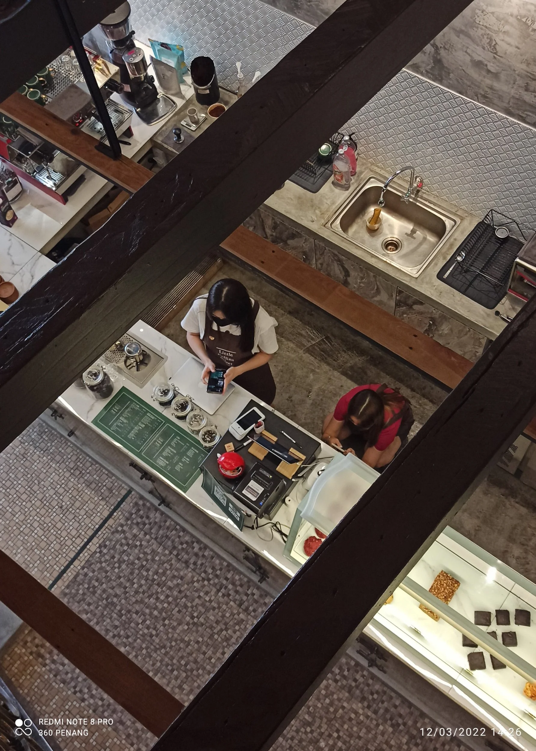 Bar counter viewed from upper floor 