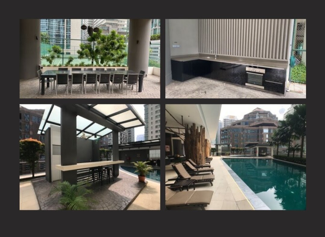 2F facilities deck with private dining area, cabana, cooking station and pool