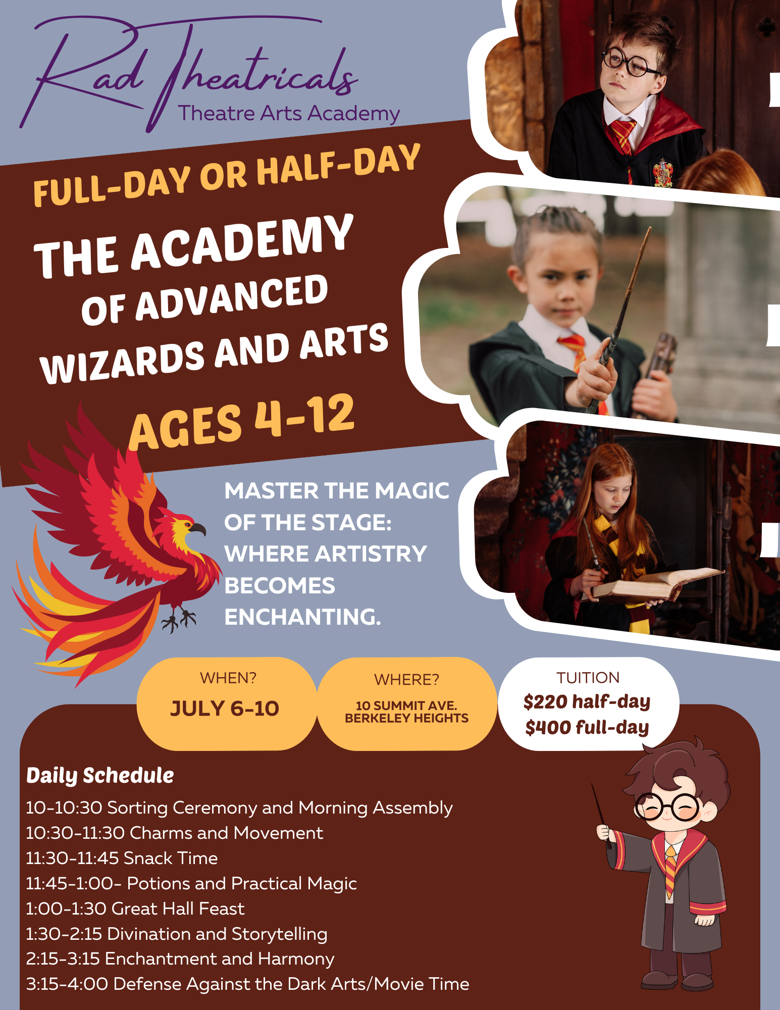 Flyer for Rad Theatrics Theatre Arts Academy promoting a summer program for ages 4-12, featuring images of children in wizard costumes, with a parrot illustration and session schedules.
