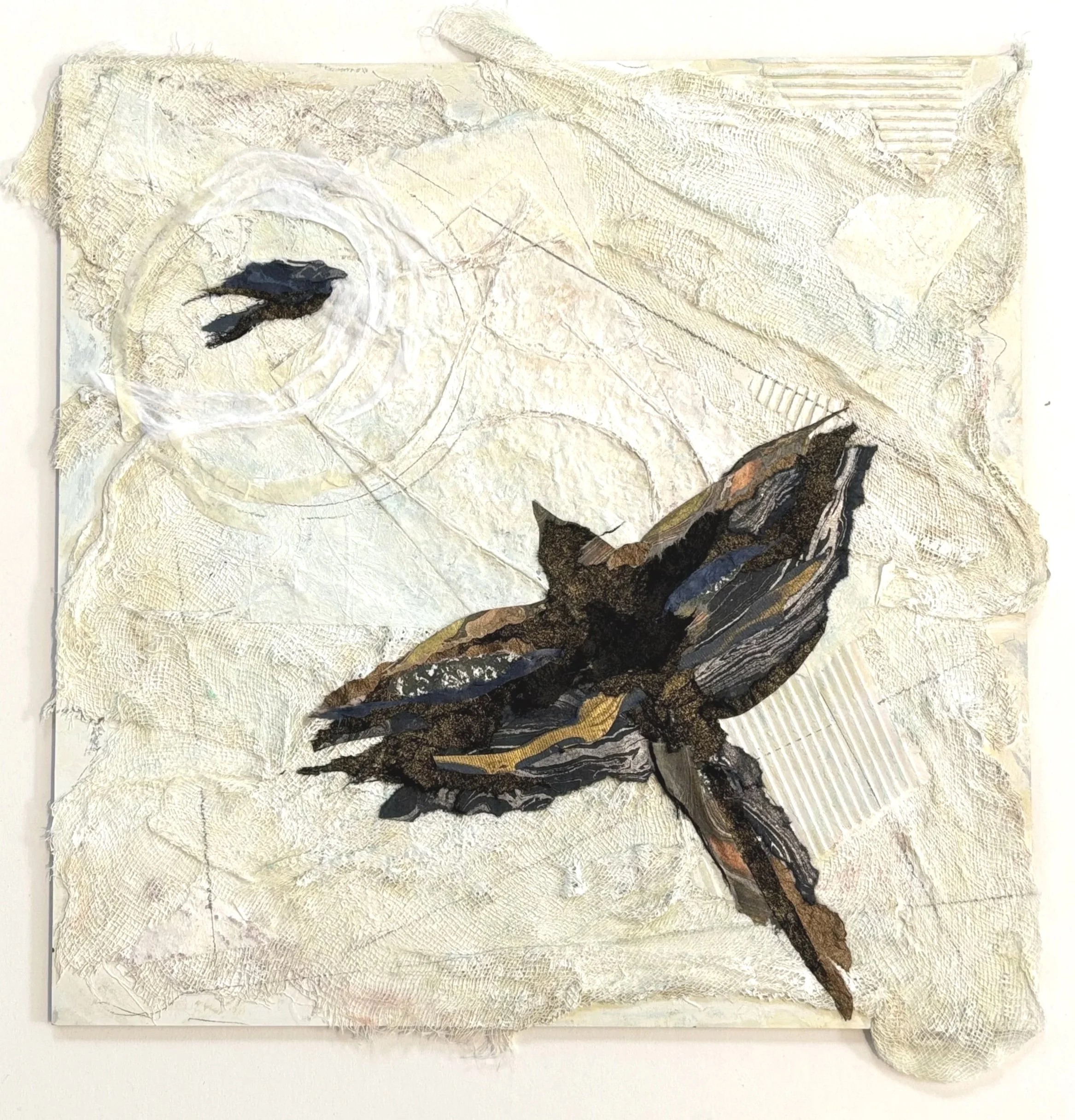 Raven #4 - mixed media paper, fabric, acrylic, & watercolor - 14" x 14"