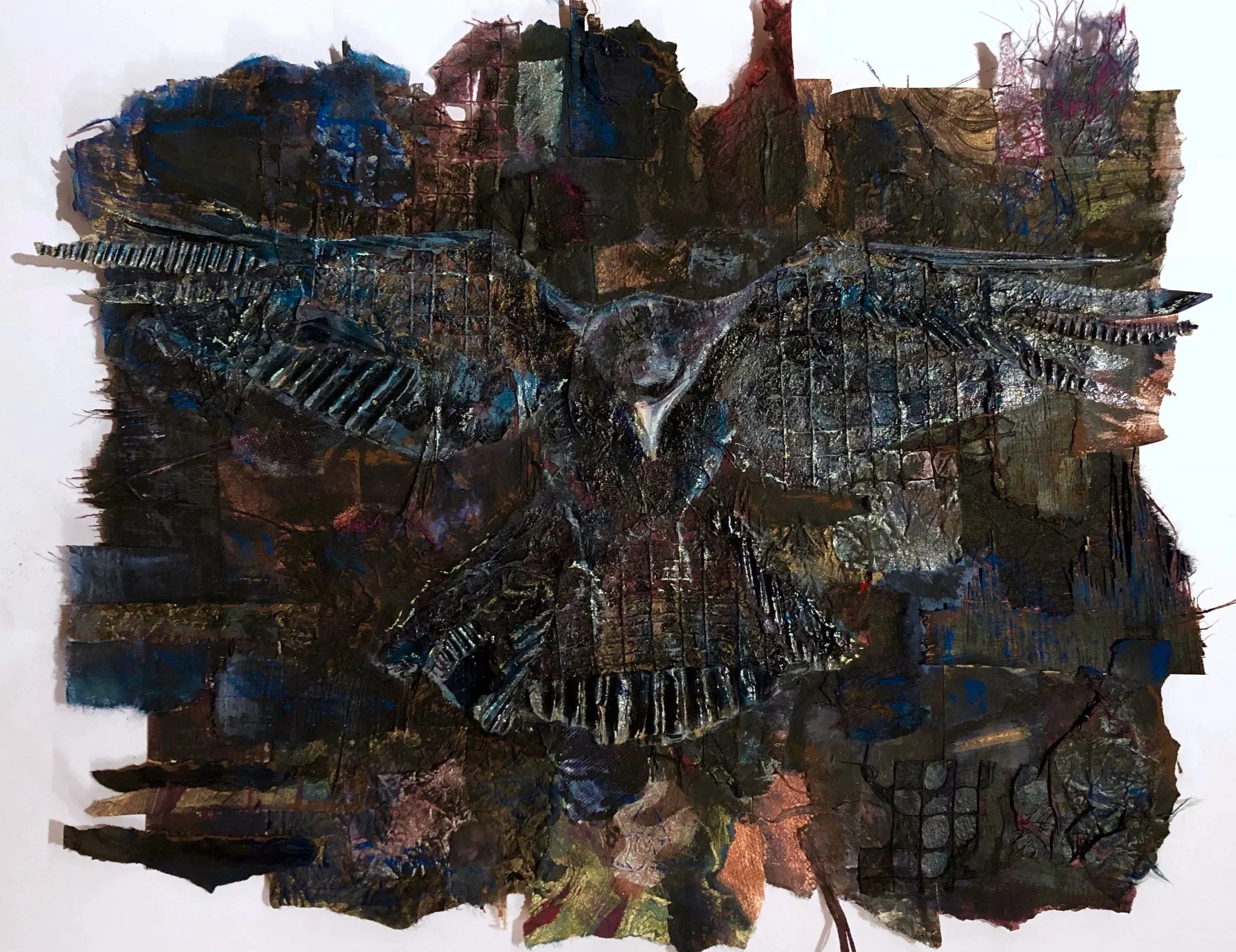 Raven Nocturne - mixed media paper, fabric, acrylic, & pastel - 12" x 16"