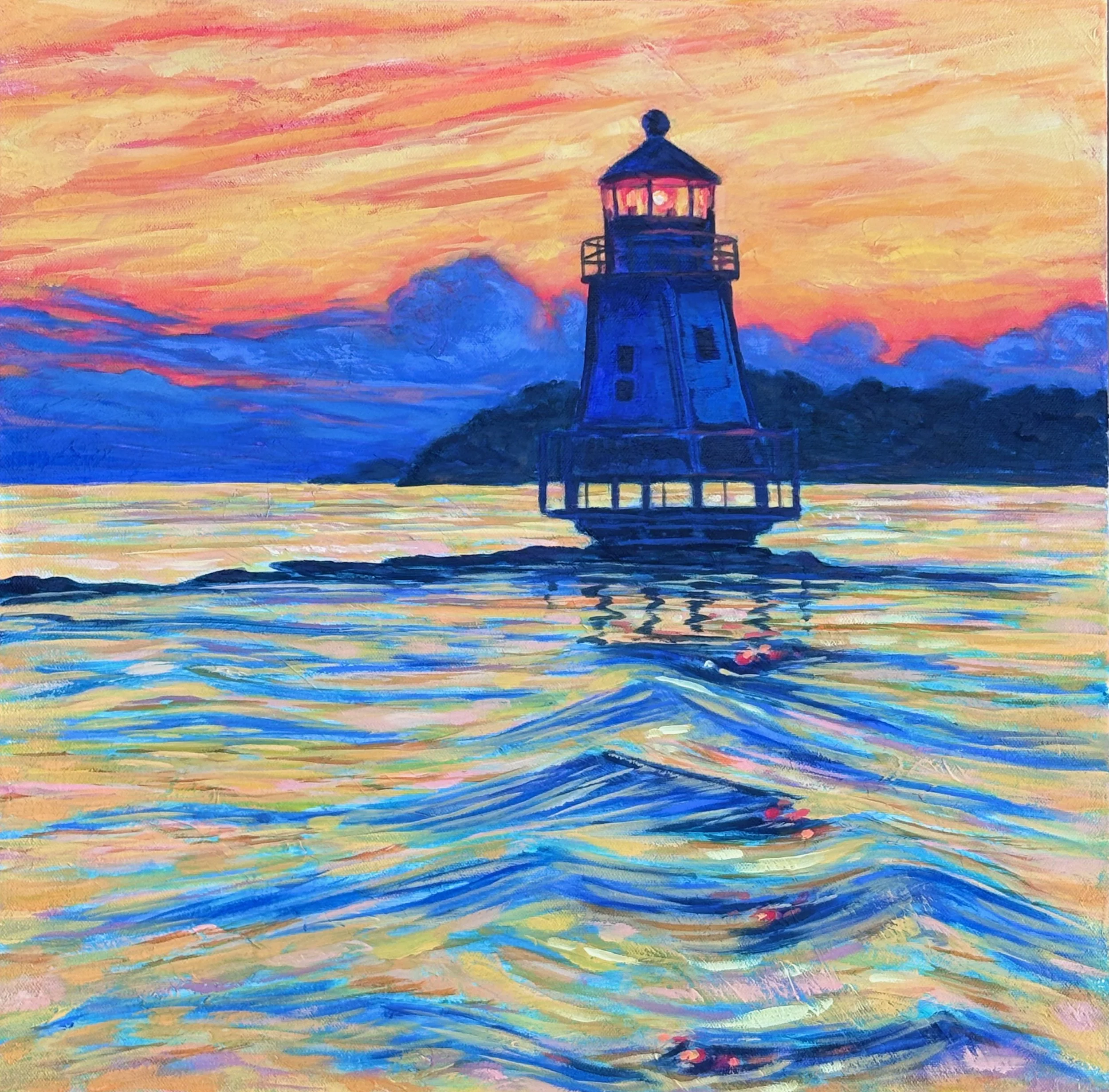 End of Day: Burlington Breakwater Light - oil on canvas - 20"x20"