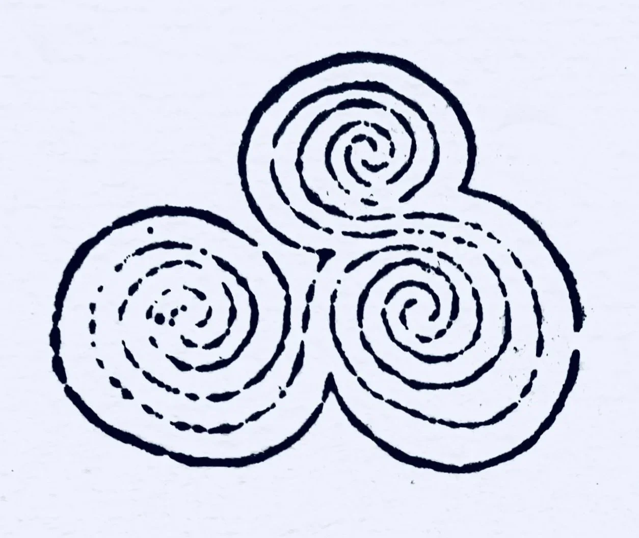 Three spiral designs interconnected, each within a circle, forming a triangular pattern.