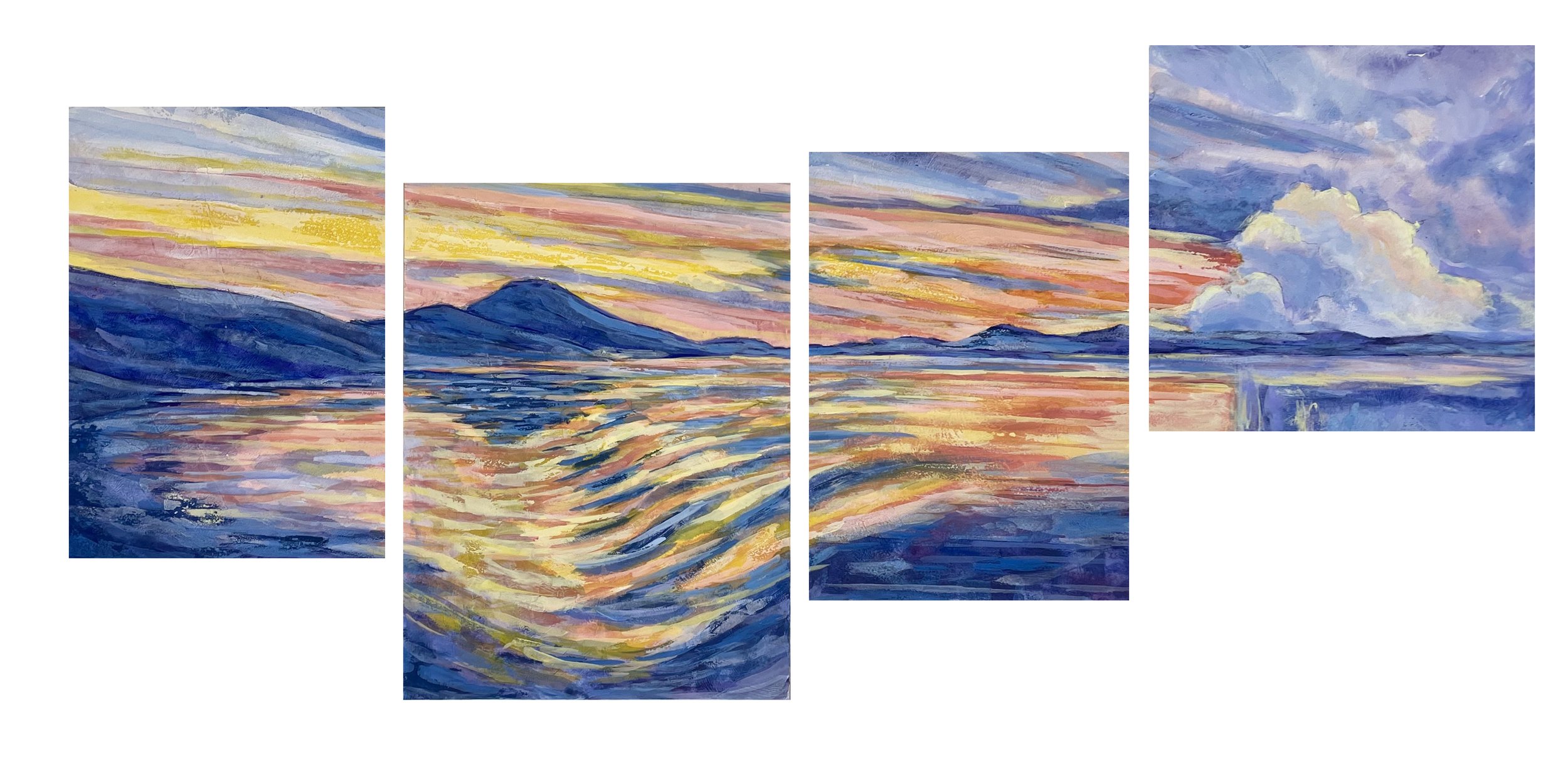 Evening Rhythms and Waves Quartet -  watercolor and gouache on aqua board - 12"x24"