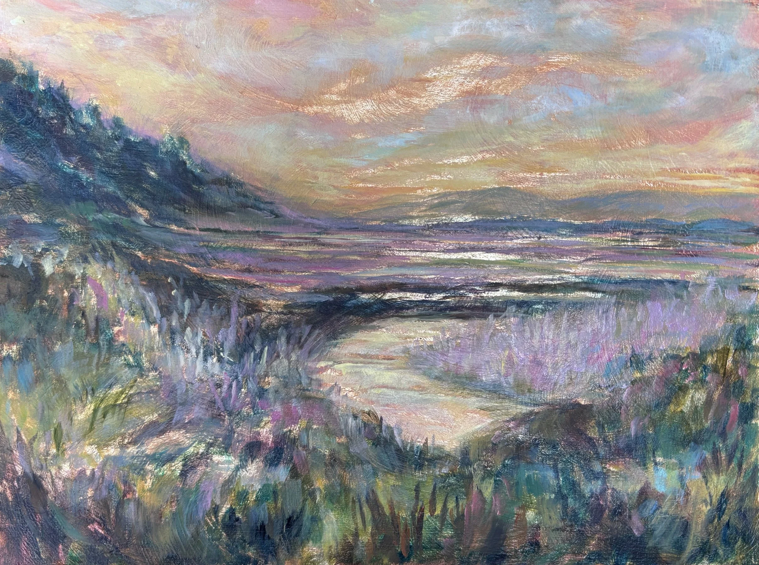 Summer Bloom: Lake Memphremagog Vermont - oil and gold leaf on wood panel - 9x12 inches