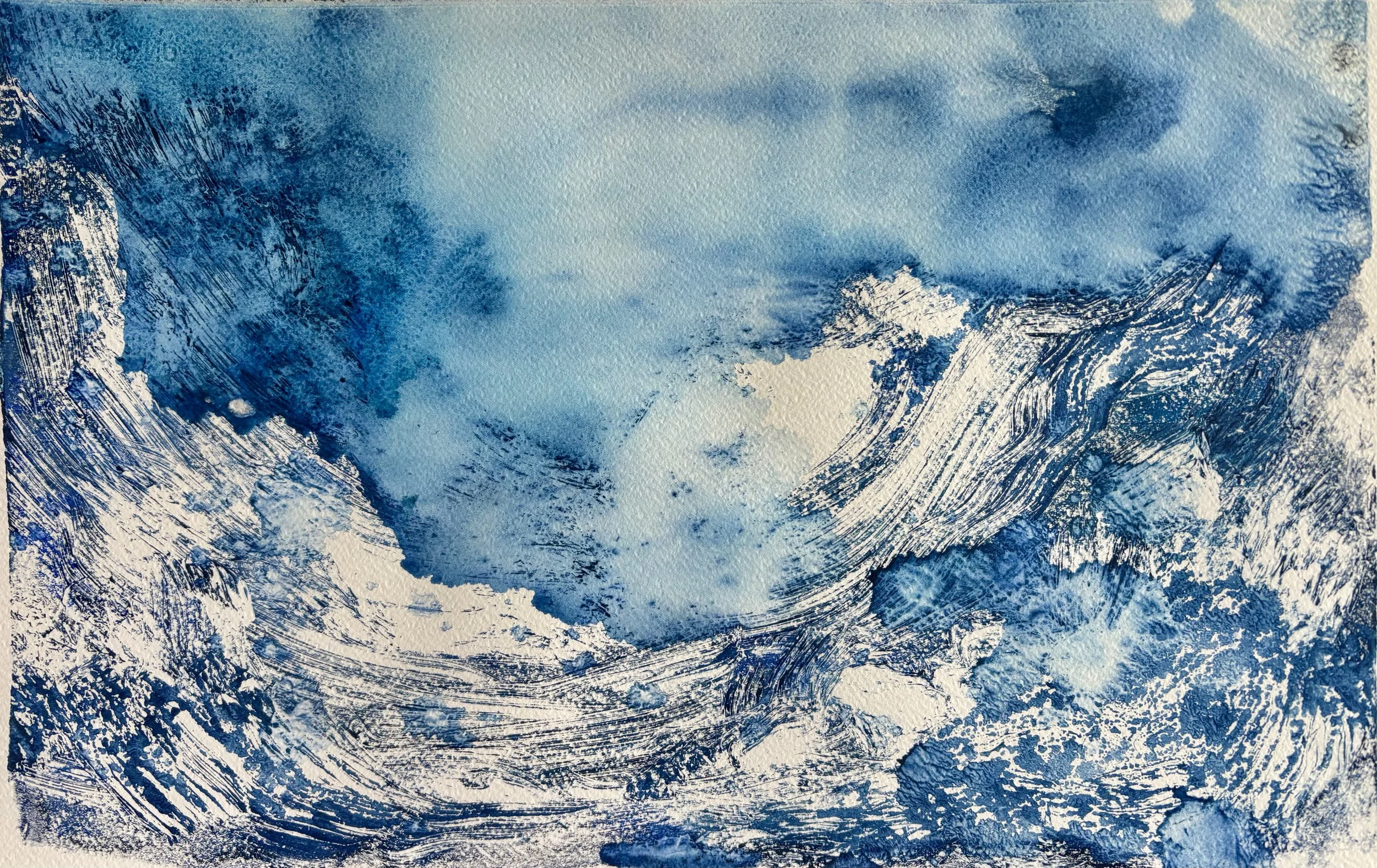 Abstract watercolor painting with shades of blue and white, resembling a turbulent sea or sky.