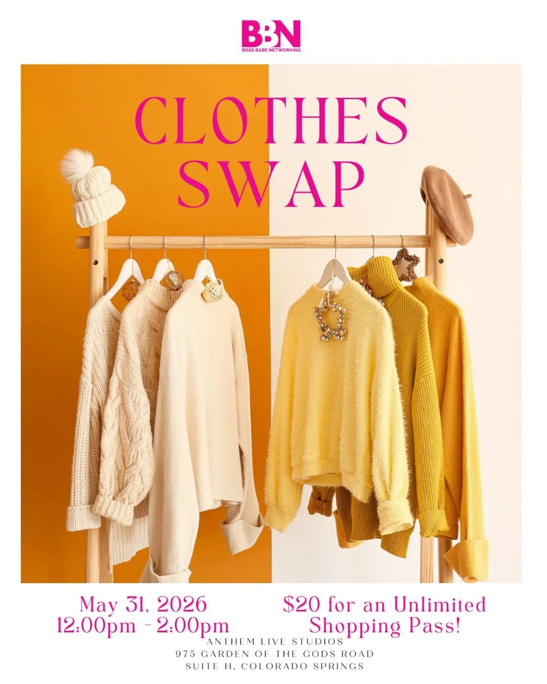 The Queen&rsquo;s Closet Clothes Swap is happening May 31 at Anthem Live Studios. 

For $20, you can refresh your wardrobe, enjoy unlimited shopping, and support the Boss Babe Academy Scholarship Fund. Bring gently used women&rsquo;s or teen clothing
