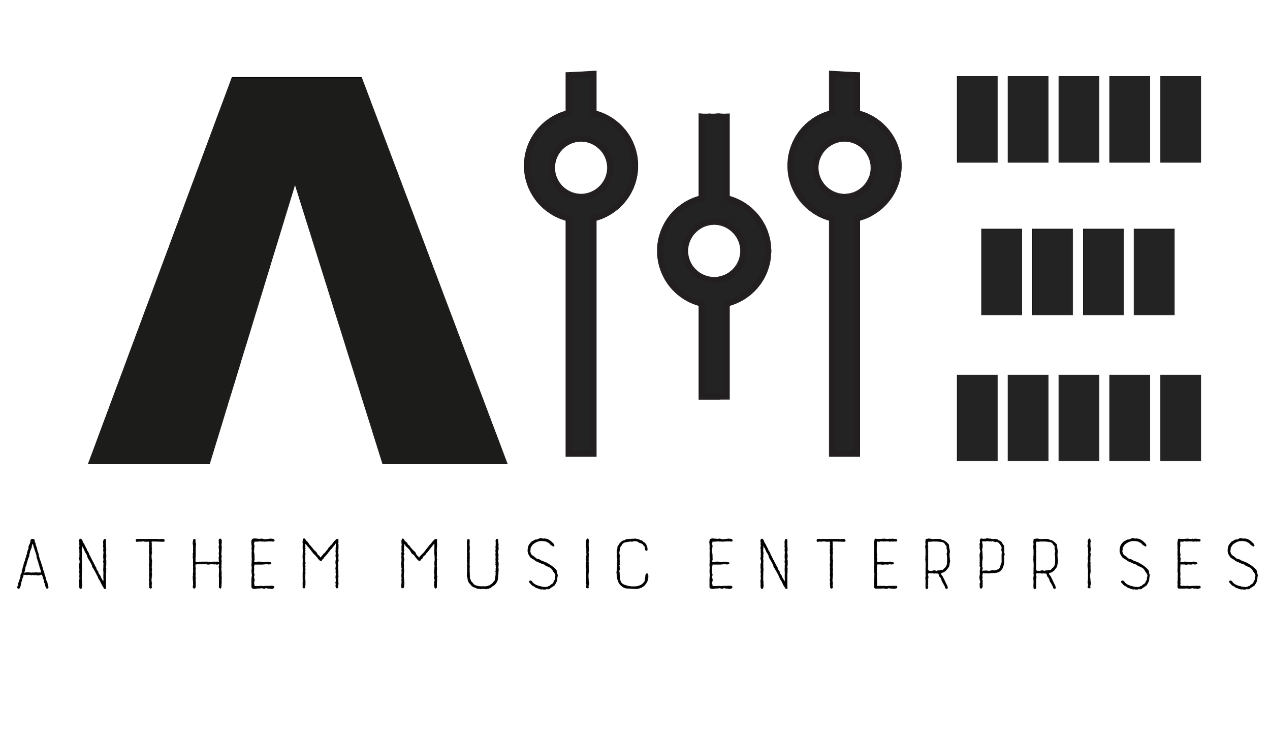 Logo of anthem music enterprises featuring stylized mountains, audio controls, and text.