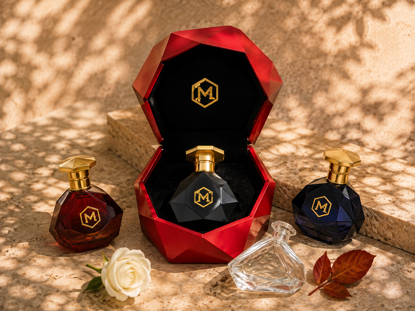 Luxury perfume bottles in red, black, and blue with gold caps, displayed on a textured stone surface with leaves and a white rose, sunlight and shadows create a stylish atmosphere.
