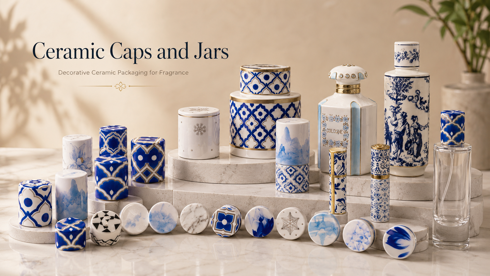 Collection of decorative ceramic caps and jars with blue, white, and gold patterns displayed on a marble surface.