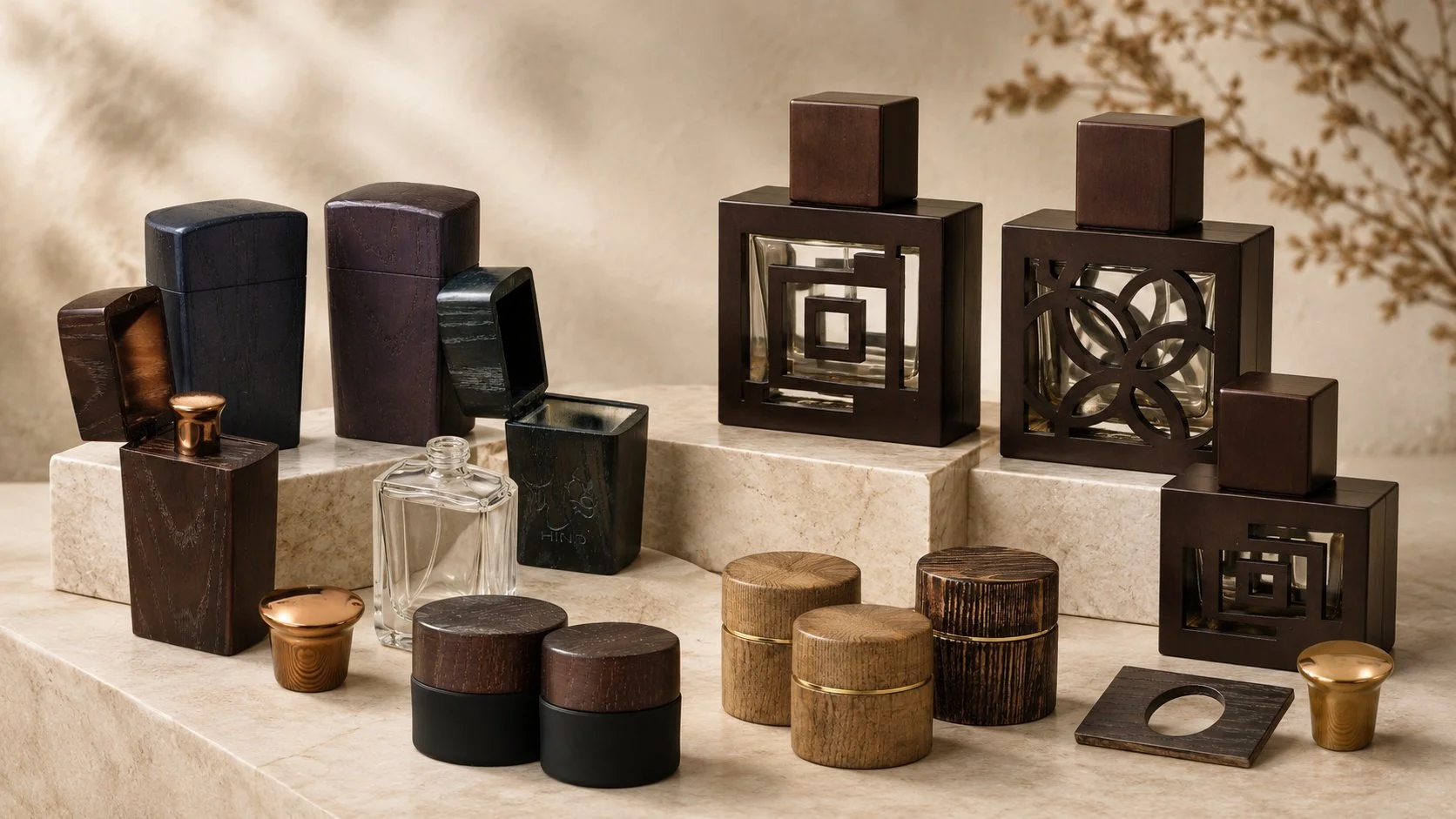 Decorative wooden boxes and containers with geometric and circular cutout designs, arranged on a beige stone surface, with some open or topped with small lids.