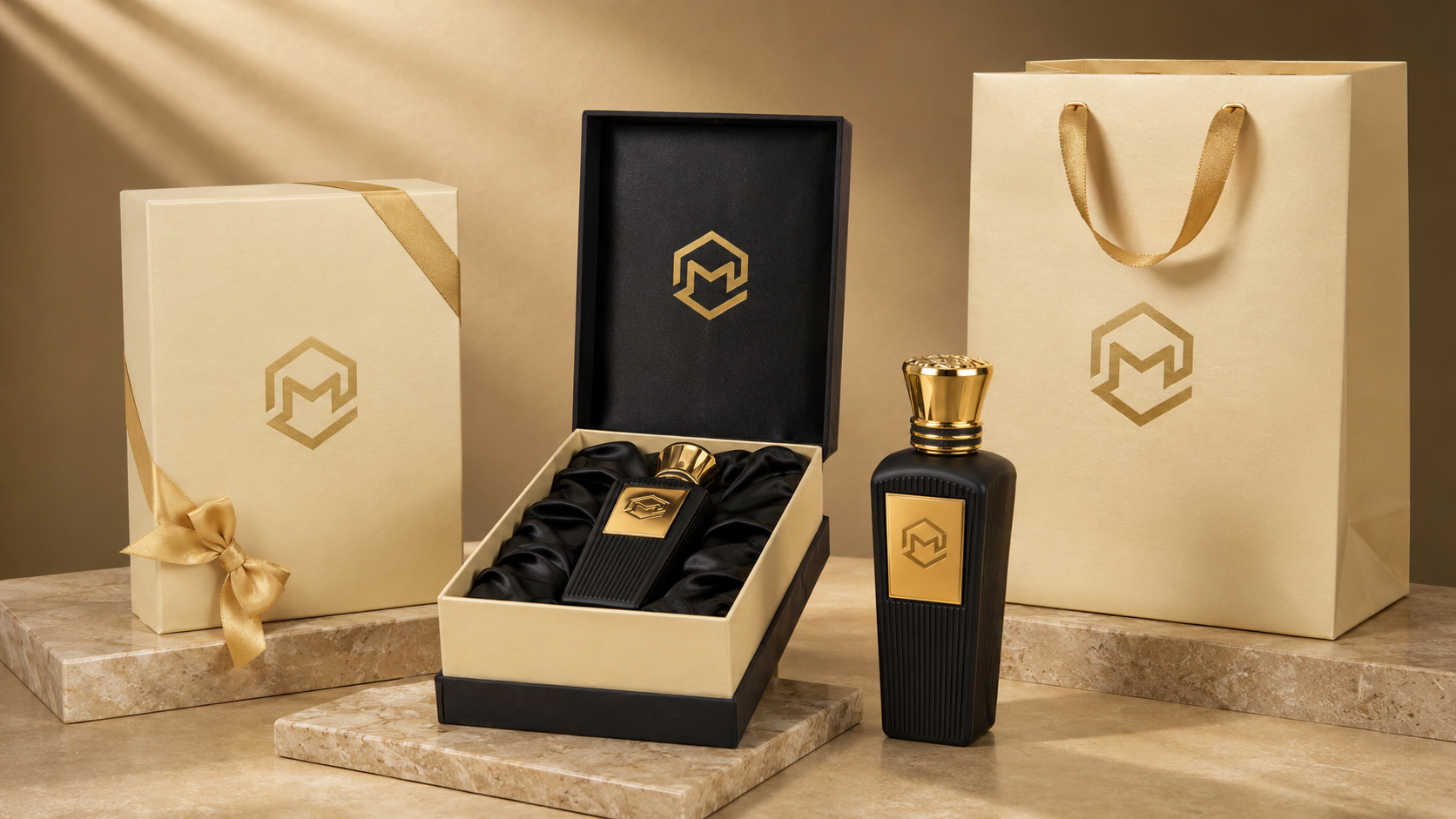 Luxury perfume bottle with black and gold design, shown with packaged gifts and branded shopping bags on marble surface.