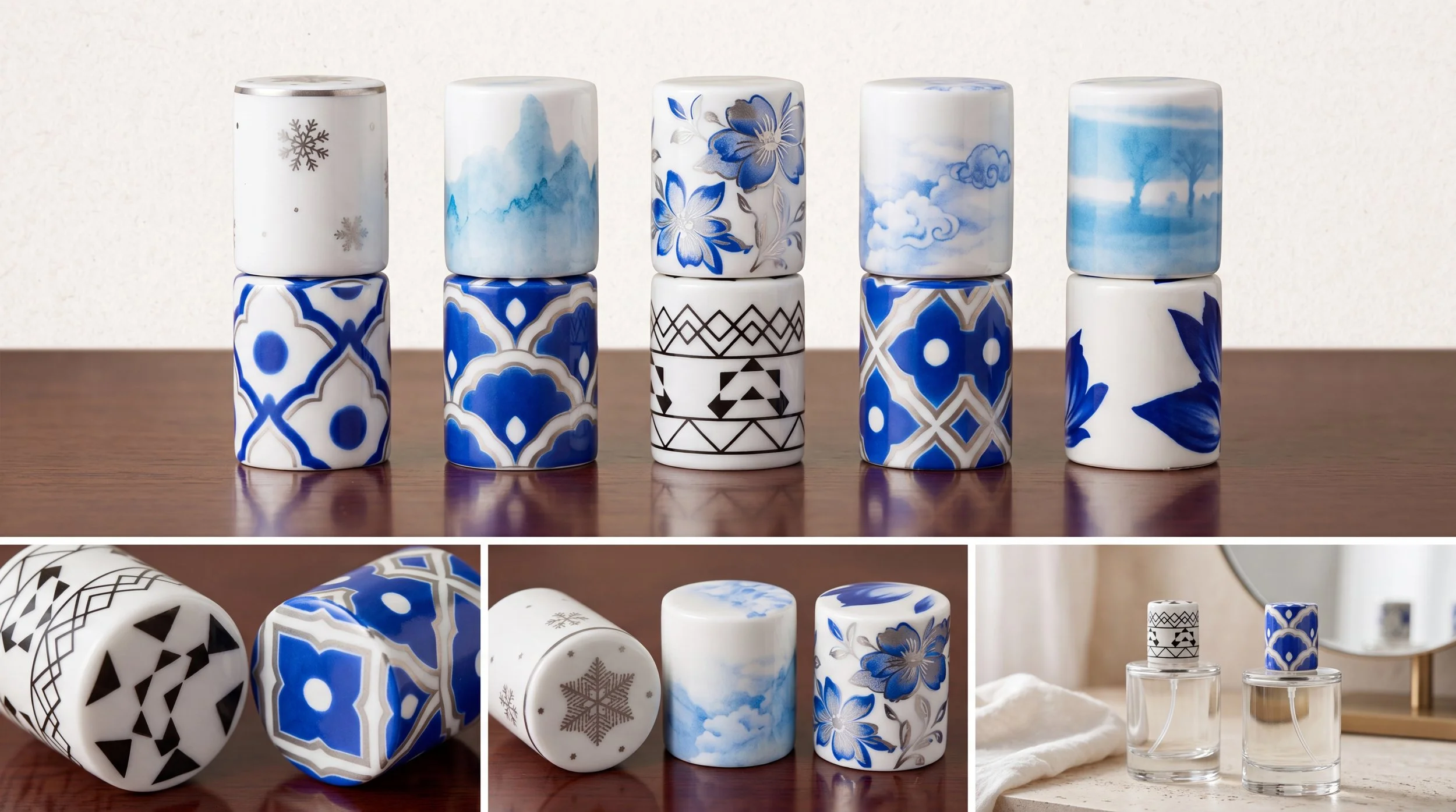 Collection of white and blue patterned ceramic or porcelain vases and jars with winter or nature motifs, displayed on a wooden surface and a glass and white cloth surface.