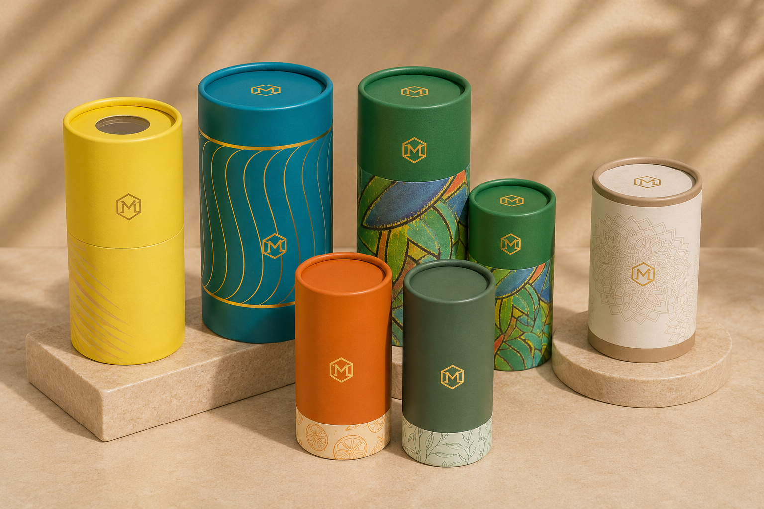 Colorful cylindrical containers with various patterns and logos, arranged on circular and rectangular platforms with a beige background.