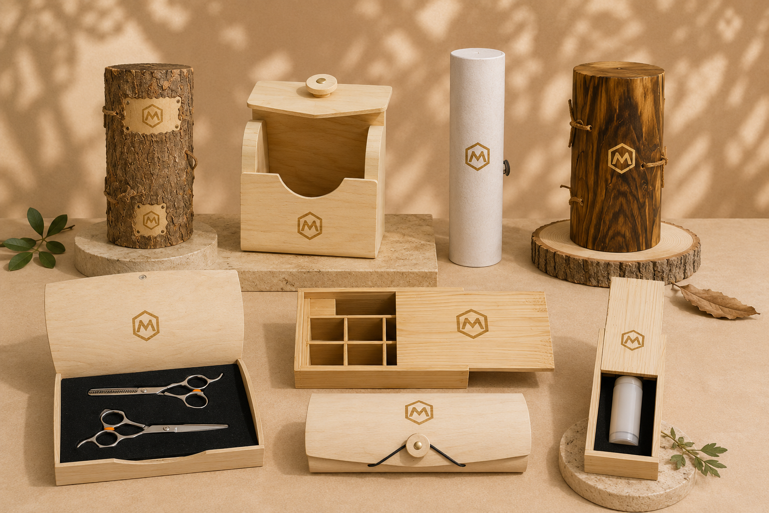 Various wooden and stone items on a beige surface, including two wood slab logs, a wooden box with compartments, a paper towel roll, and a wooden scissors case with scissors inside, all with a hexagon logo. Falling leaves and a small green plant are 