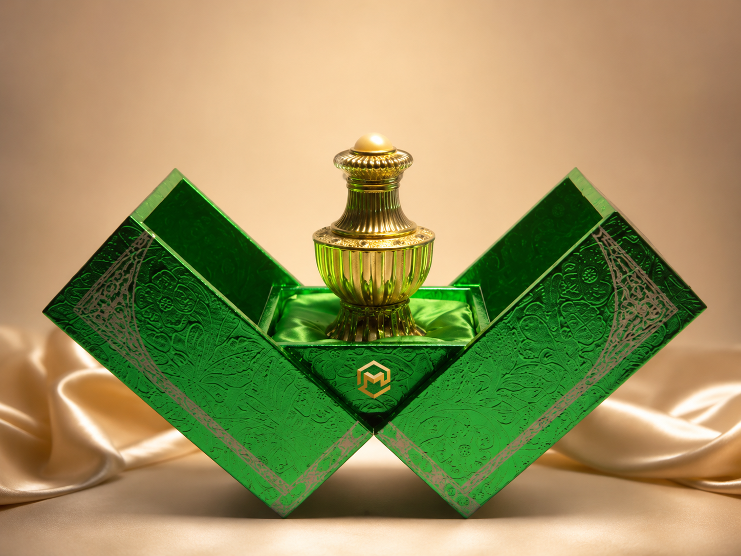 A decorative golden perfume bottle on a green display stand with intricate designs, edged with silver, on a satin fabric background.