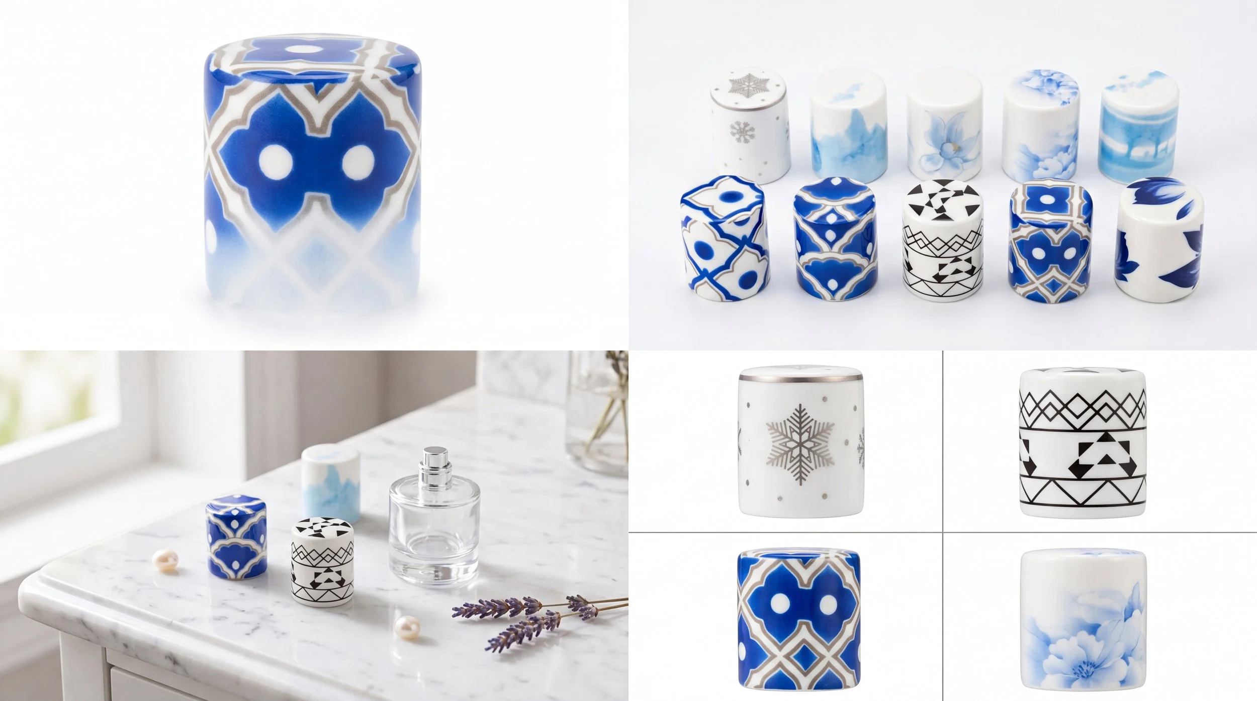 Set of decorative ceramic containers, mostly in blue and white, with various patterns, displayed on a marble countertop, some with snowflake or floral designs.