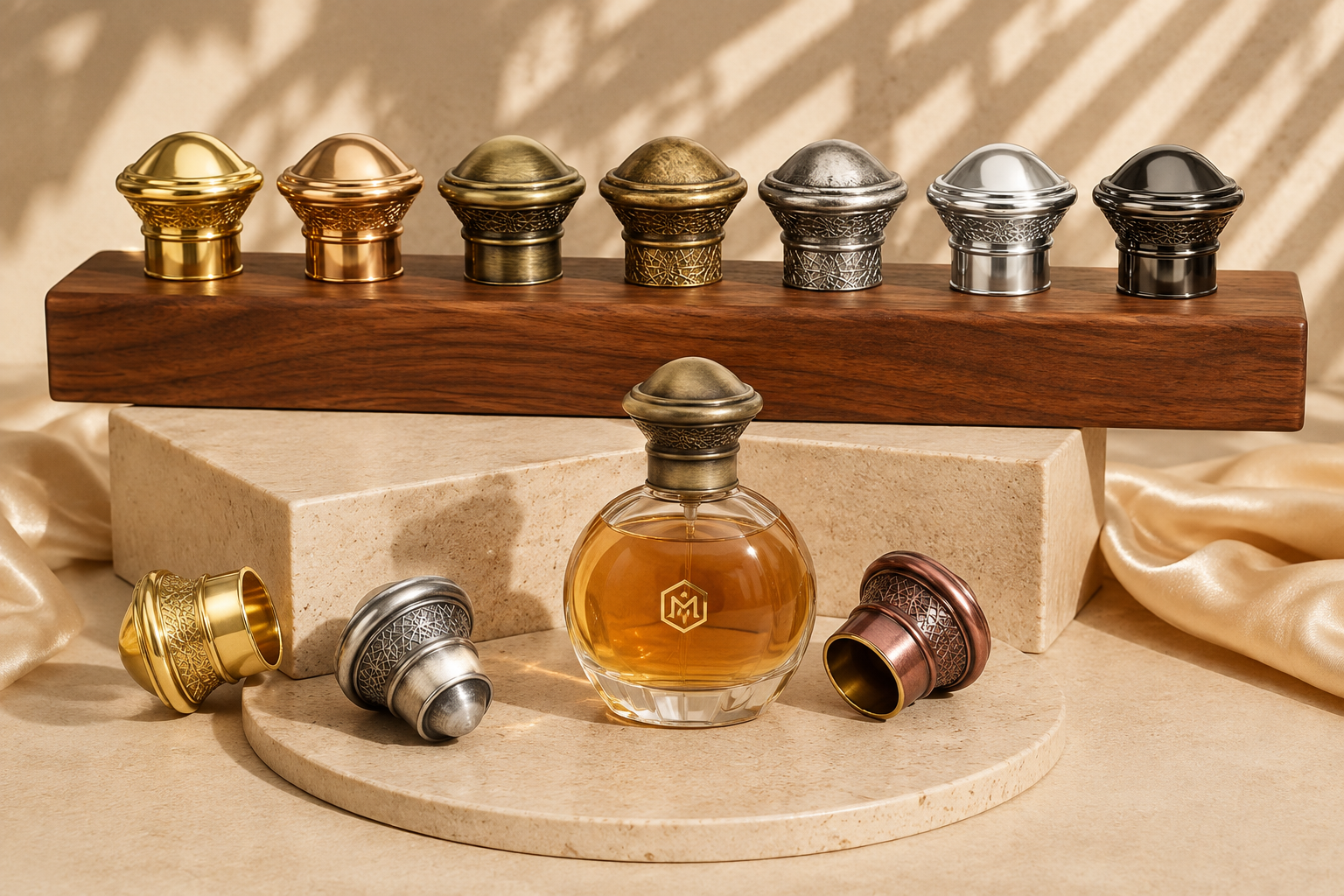 Set of six ornate perfume bottle caps in gold, copper, brass, silver, and black on a wooden stand, with a large round perfume bottle and additional caps on a beige stone surface, background with soft shadows and draped fabric.