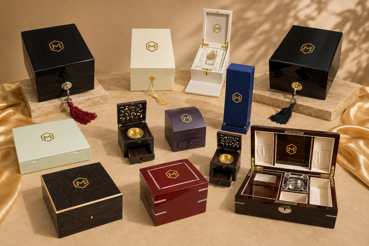 Collection of decorative boxes and tiny safes, varying in size, shape, and color, with some featuring gold accents, locks, or jewelry inside, arranged on a beige surface with satin fabric.