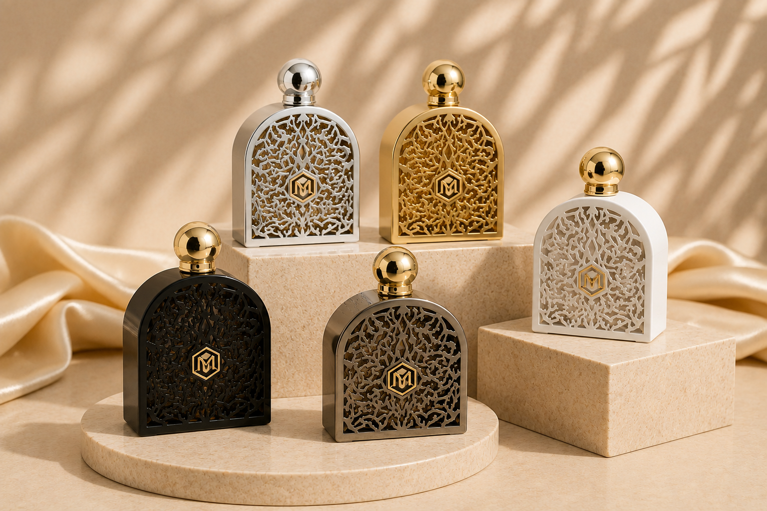 Five ornate perfume bottles with a tree branch design and a gold logo, in black, white, silver, and gold, displayed on beige pedestals and a marble surface with a satin fabric backdrop.