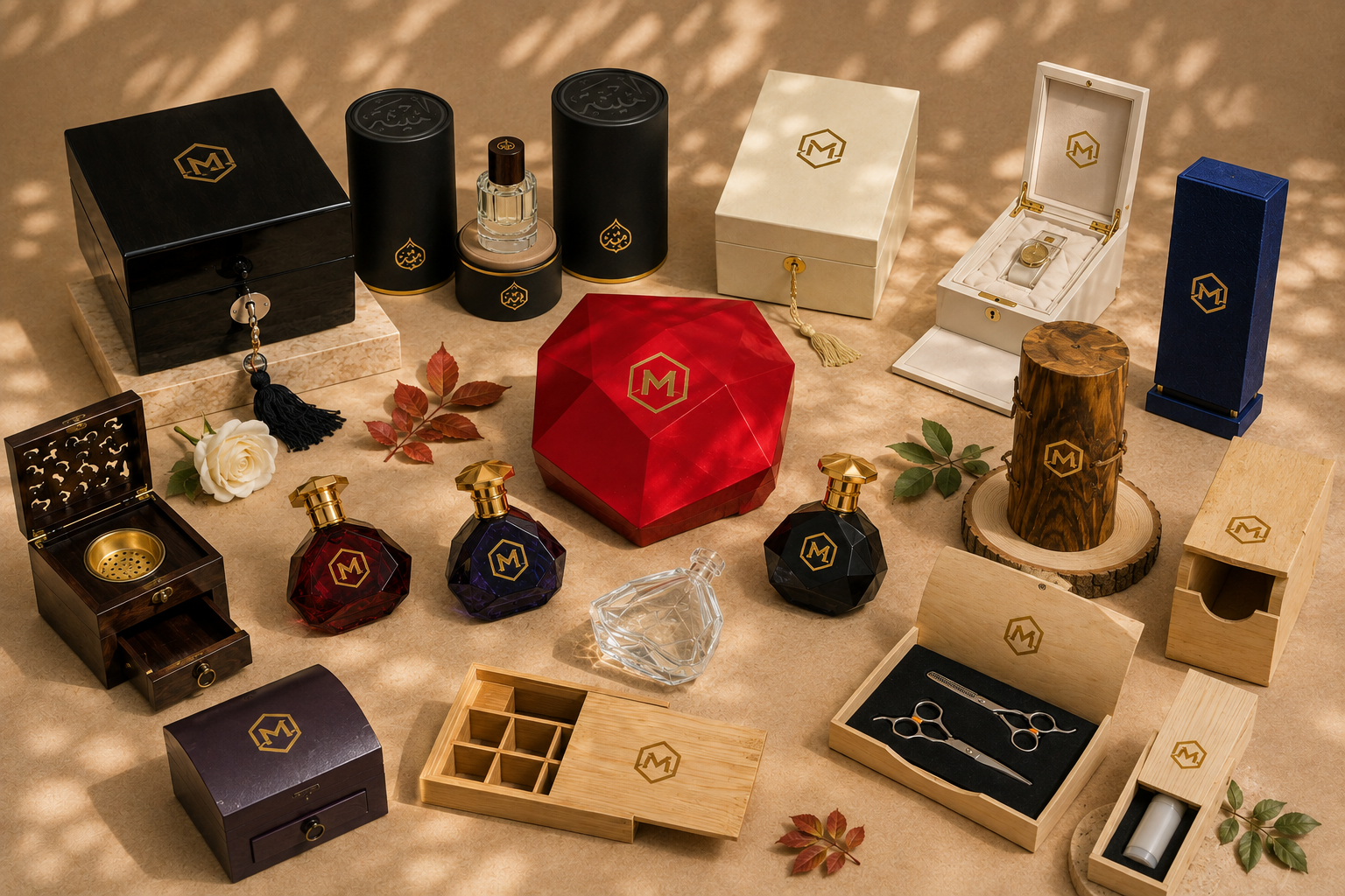 A collection of luxury perfume bottles, boxes, and accessories arranged on a beige surface with autumn leaves and a wooden stump.