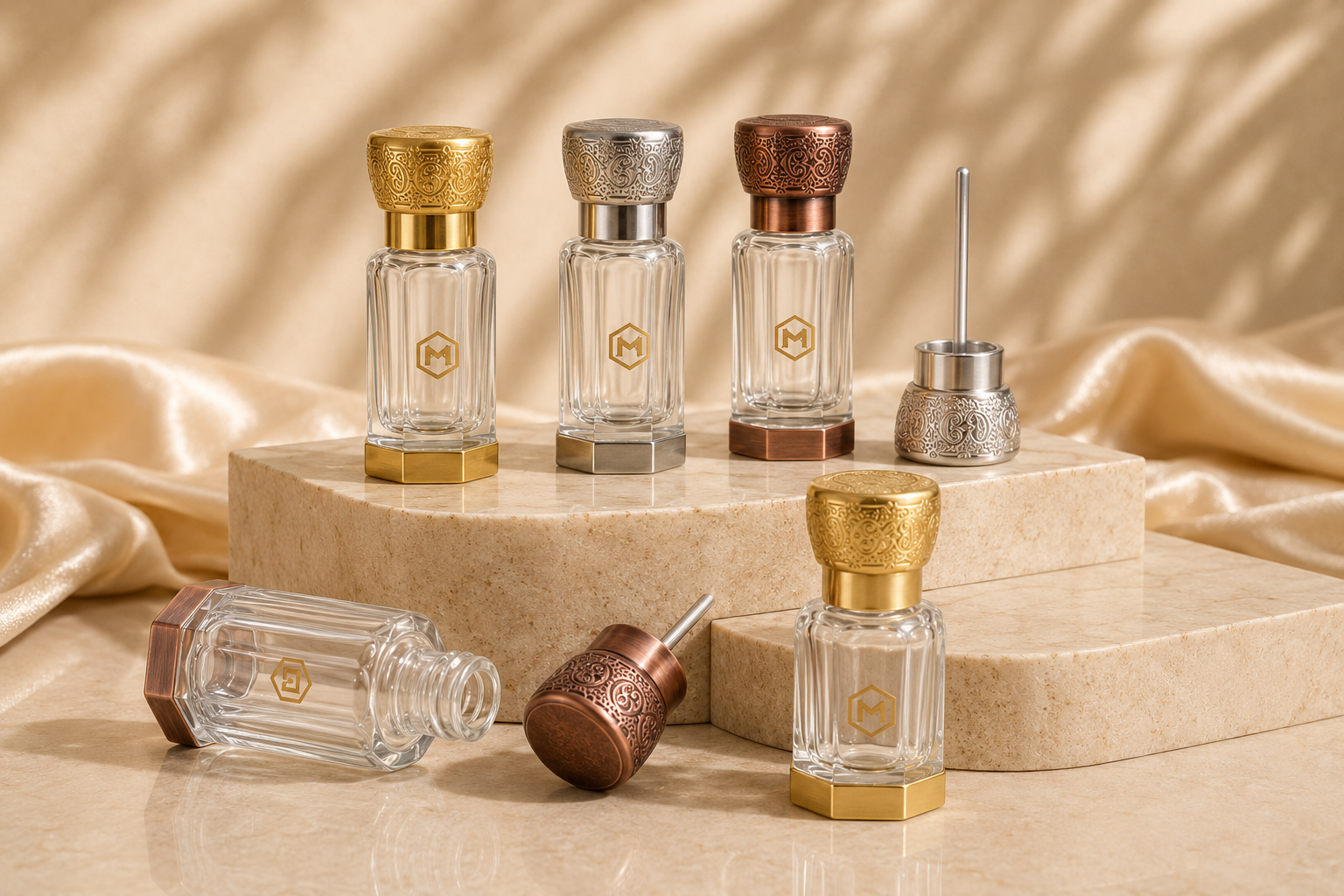 Collection of perfume bottles with ornate caps, some lying on side, arranged on beige marble surfaces with satin fabric background.