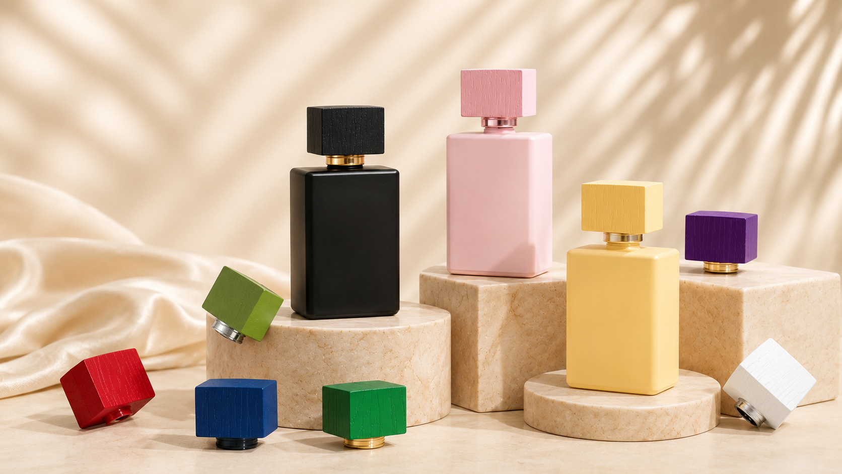 Colorful rectangular perfume bottles with square caps in black, pink, yellow, purple, green, red, blue, and white, displayed on marble platforms and a soft fabric background.