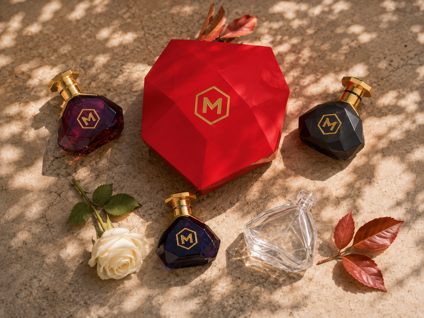 Luxury perfume bottles and packaging on a stone surface with a white rose and autumn leaves.