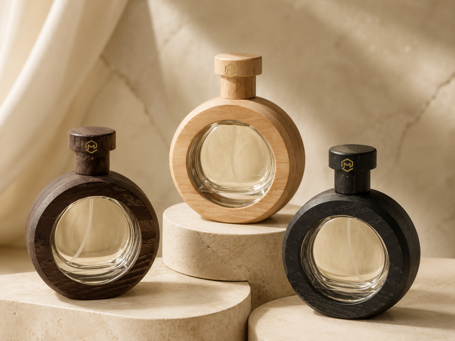 Three round glass perfume bottles with wooden caps, in different wood finishes, displayed on beige textured pedestals against a light-colored marble background.