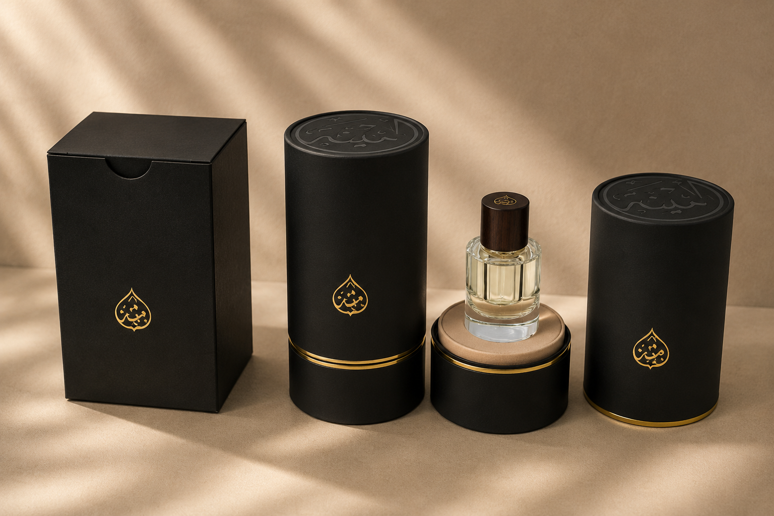 Luxury perfume bottles and packaging on a beige surface with soft lighting.