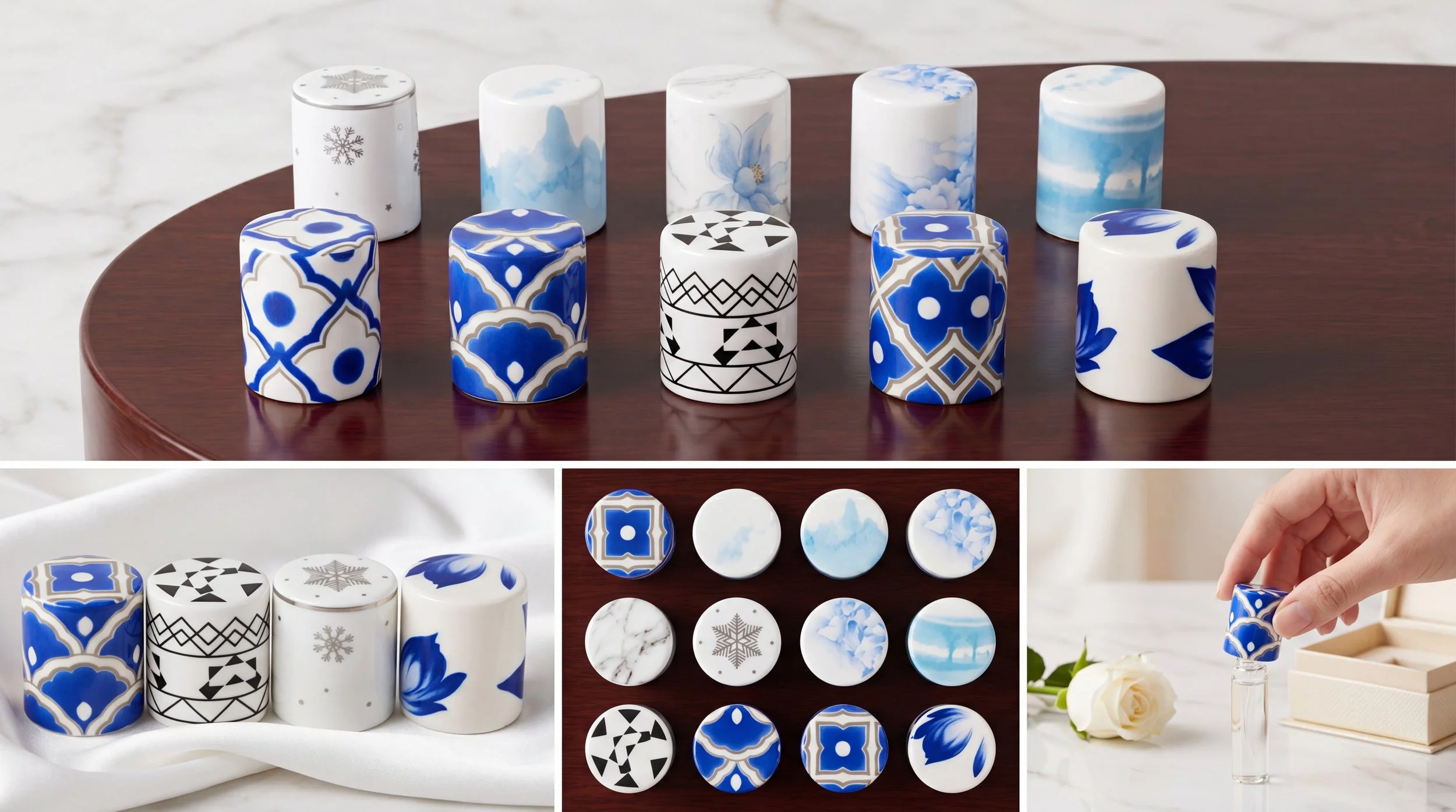 Set of decorative makeup bottles with blue, white, and black patterns and designs, displayed on a circular wooden table and a white cloth surface.