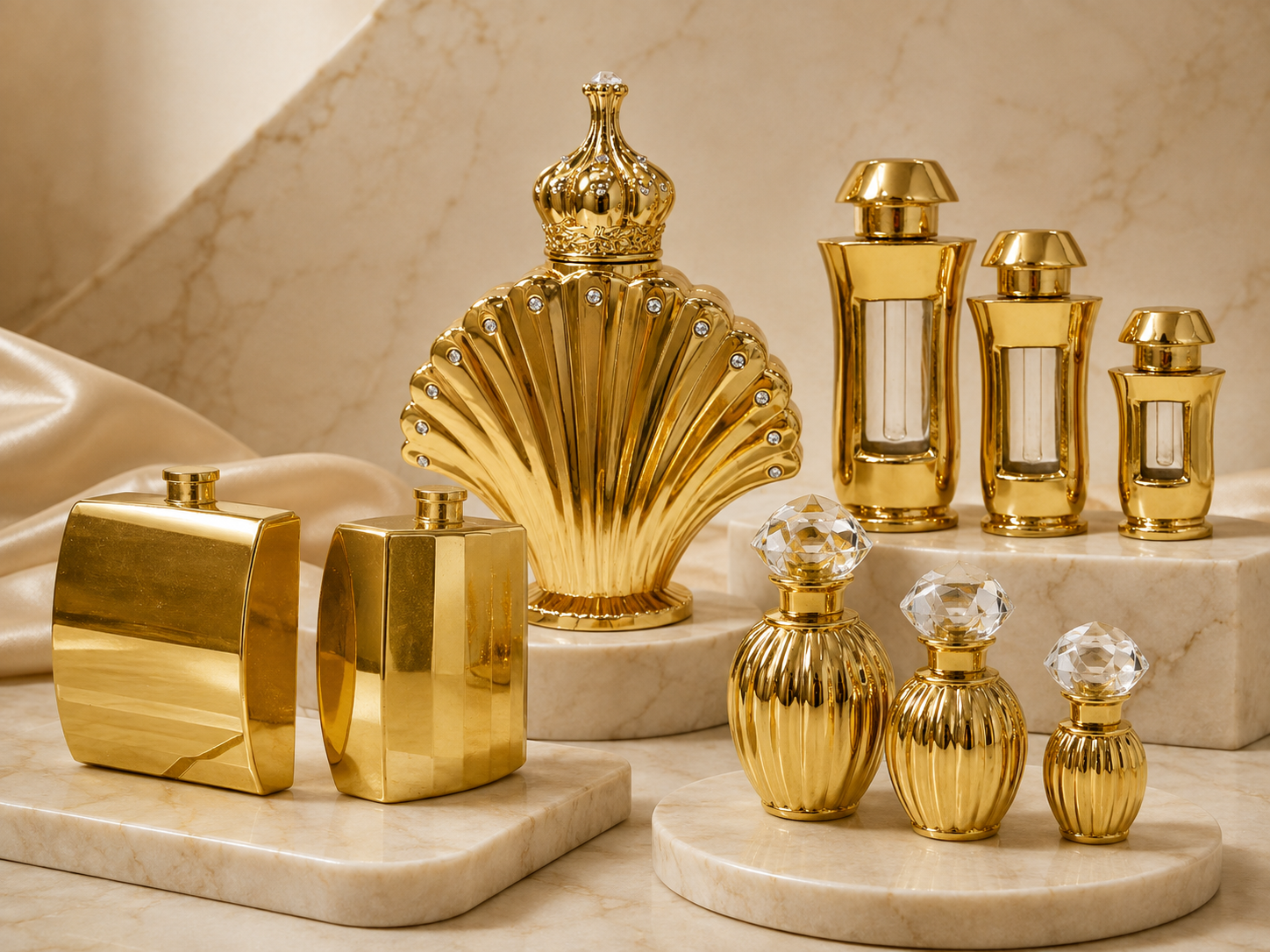 Collection of gold and crystal perfume bottles and decorative containers on a marble surface.