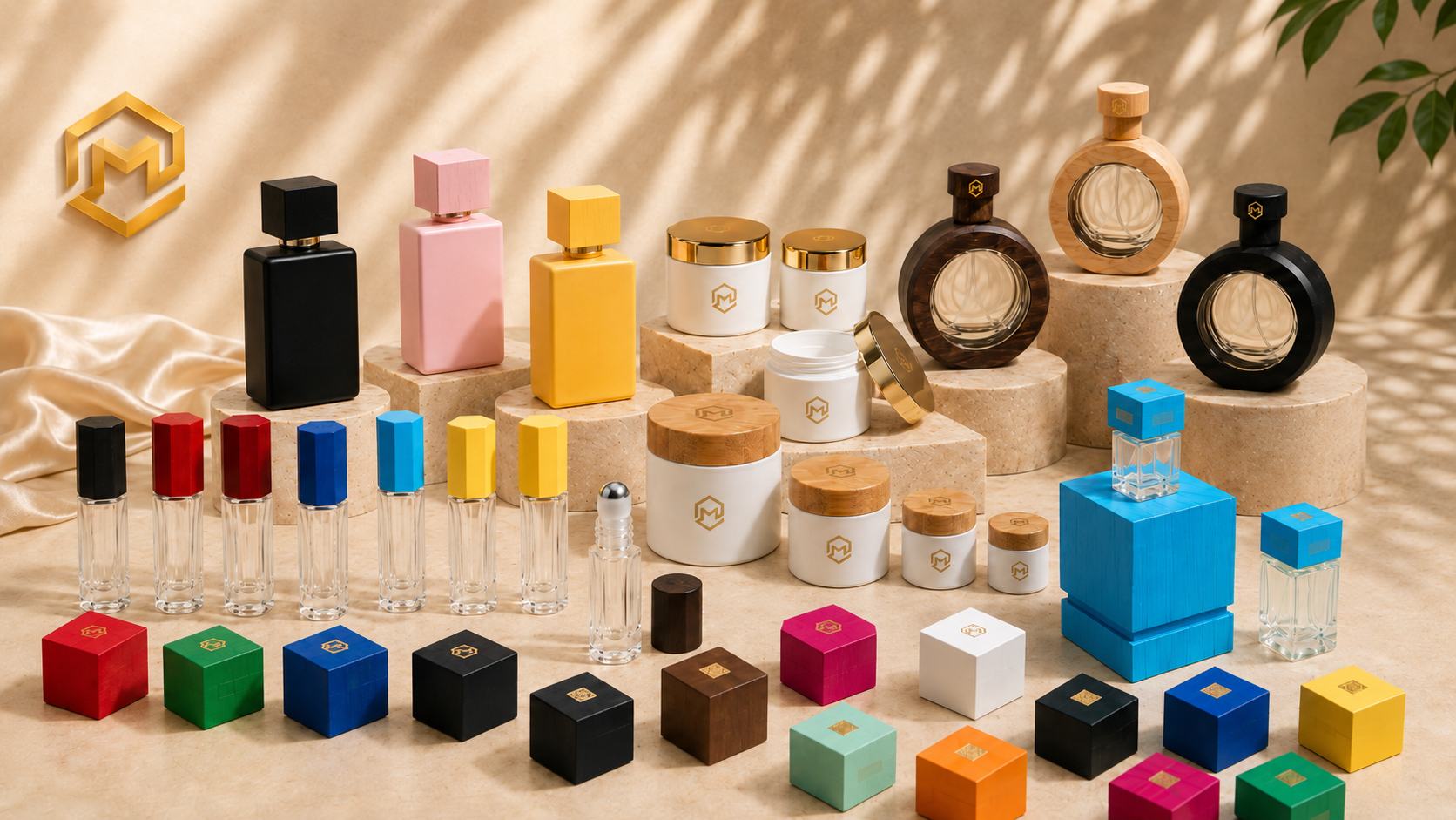 A collection of colorful bottles, jars, and boxes displayed on a beige surface, with some items on small pedestals. The bottles include various shapes and colors including black, pink, yellow, blue, and clear, some with wooden caps. There are also sm