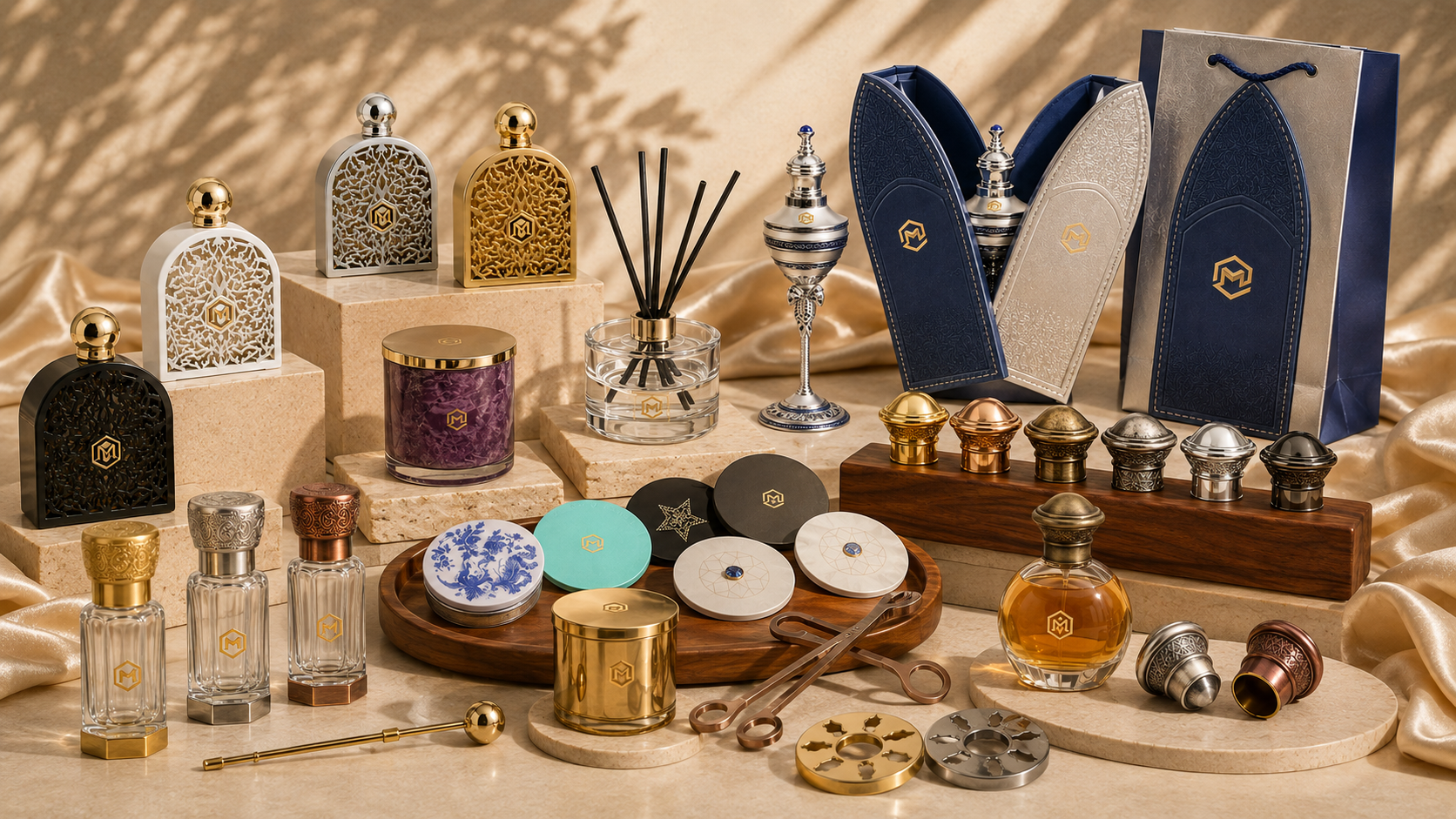 Luxury perfume bottles, decorative boxes, and accessories arranged on marble and wooden surfaces with a golden fabric backdrop.