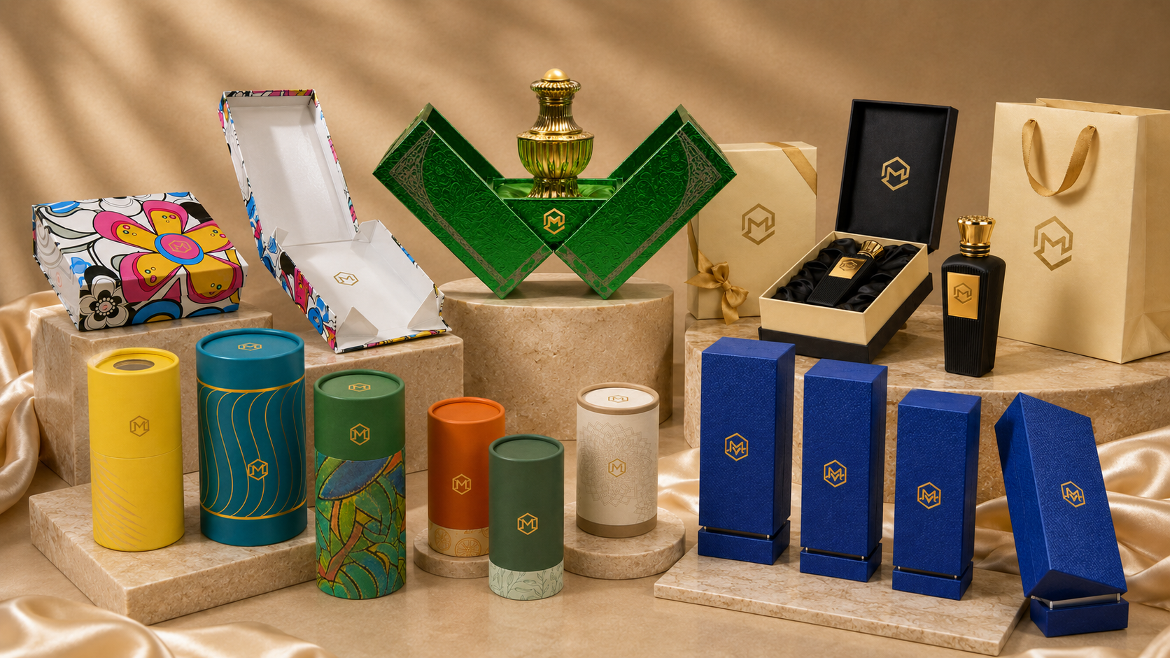 A collection of luxury perfume bottles and packaging on a beige marble surface with a gold satin fabric backdrop, including colorful boxes, cylindrical containers, and black and gold bottles.