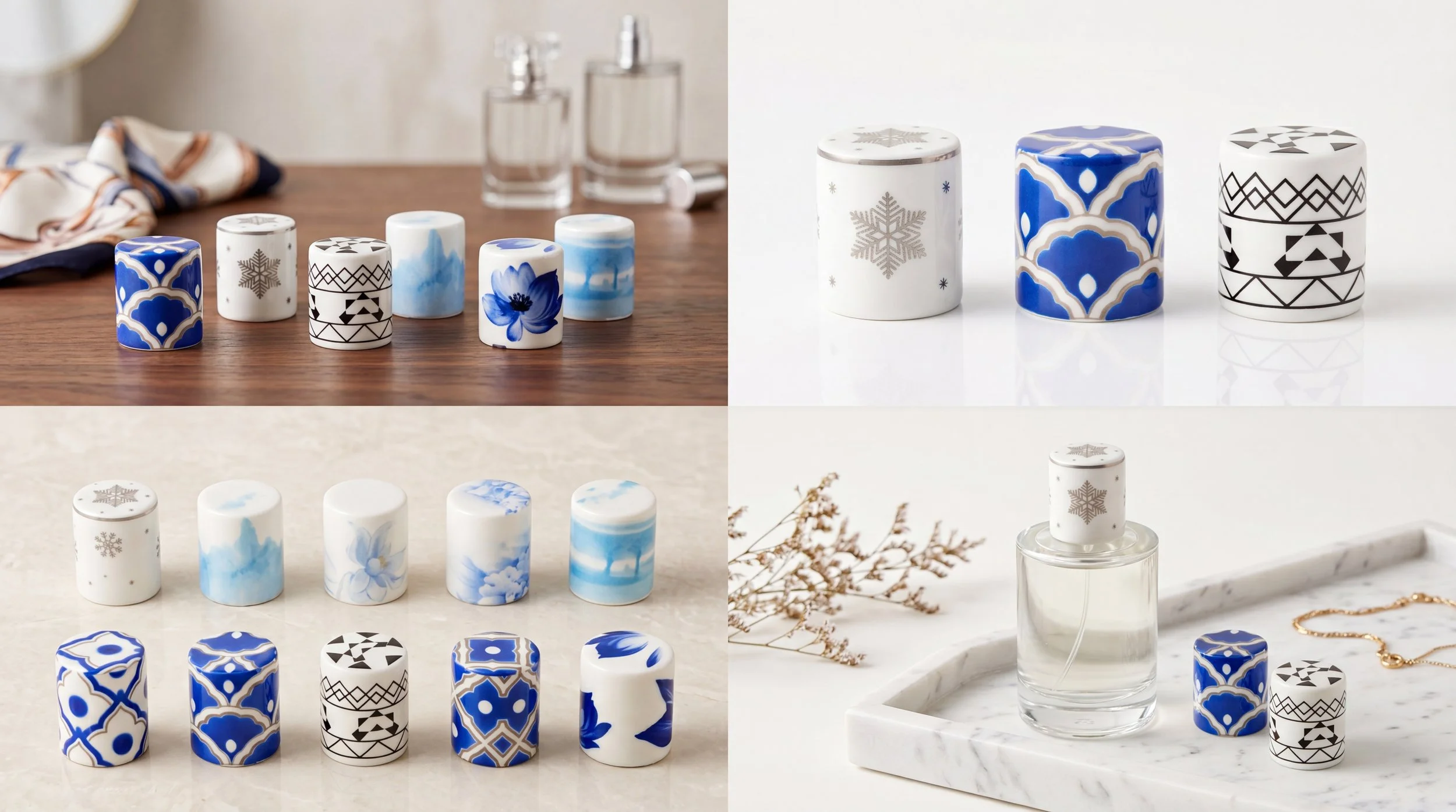 Various ceramic vases and containers with blue, black, and white patterns and designs displayed on tables and white backgrounds.