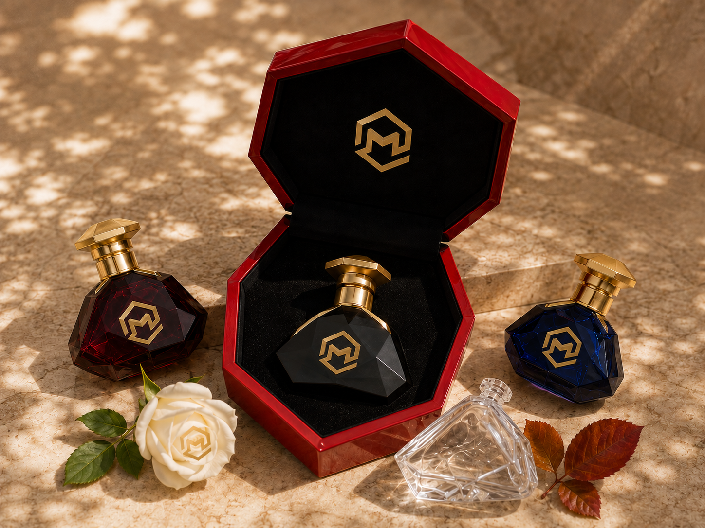 Three decorative perfume bottles with gold caps, one black in a red box, one red and one blue on a beige surface with a white rose and leaves, and a clear faceted perfume bottle lying on its side. Dappled sunlight creates shadows.