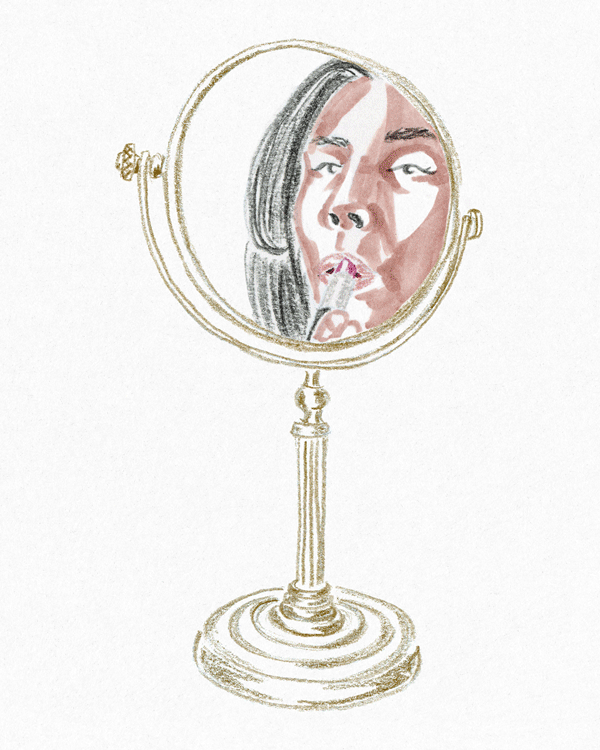 Hand drawn analog animation of applying lipstick in the mirror
