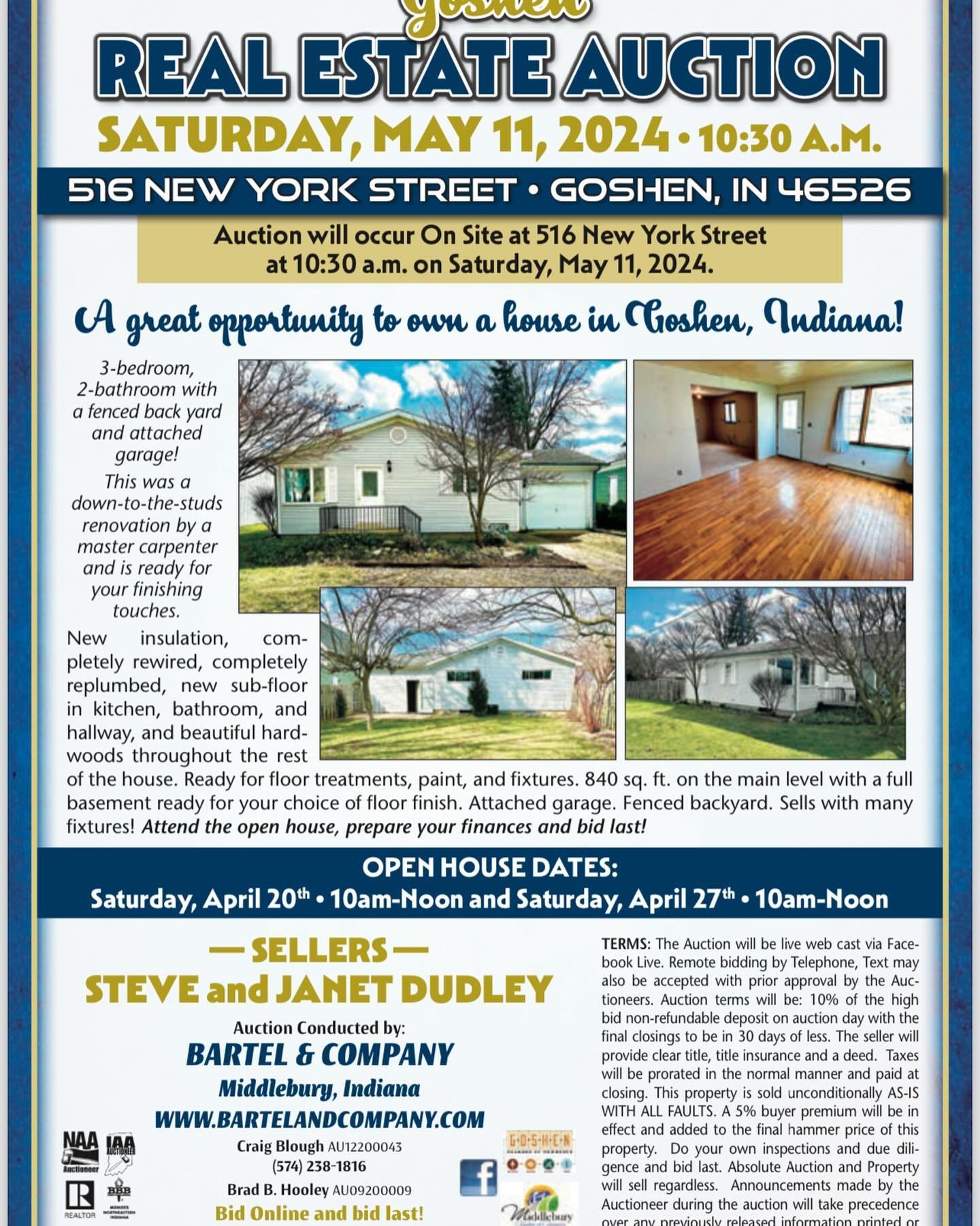 Join us Saturday, May 11, 2024 at 10:30 am for the Public Auction at 516 New York Street, Goshen, IN Please call Craig Blough, Broker, Auctioneer, 574-238-1816 with any questions.  #goshenhomesforsale #elkhartcountyhomesforsale