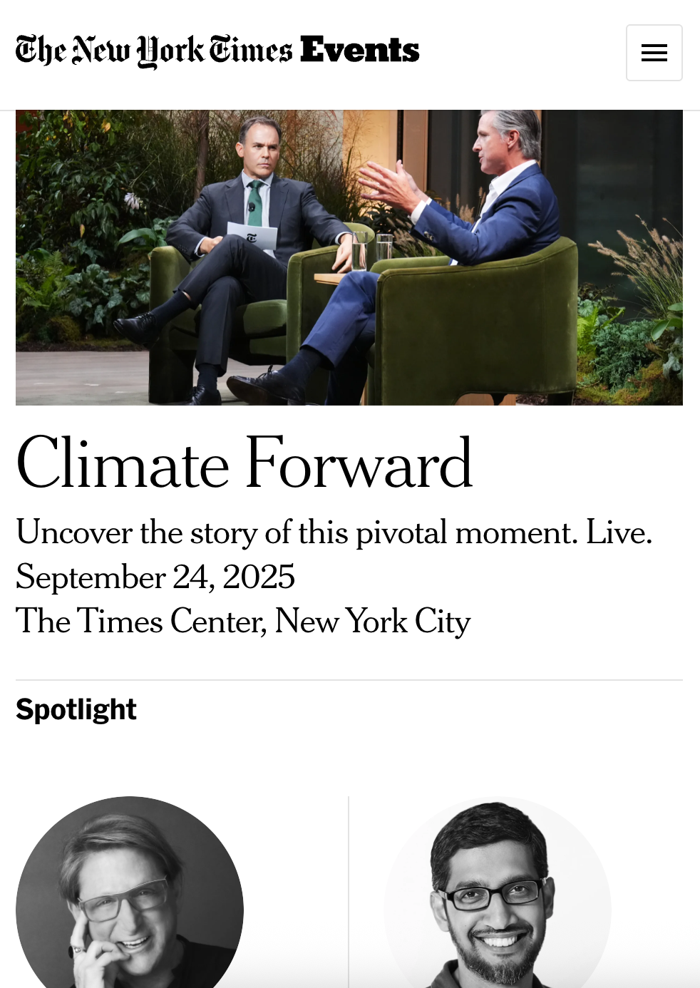 Screenshot of New York Times Events hompage mobile view